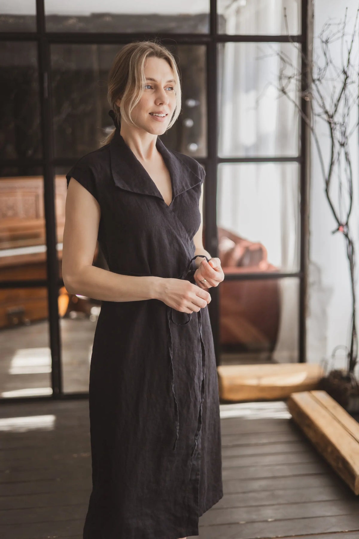 Collared Short Sleeve Midi Linen Wrap Dress - Mia Epic Linen