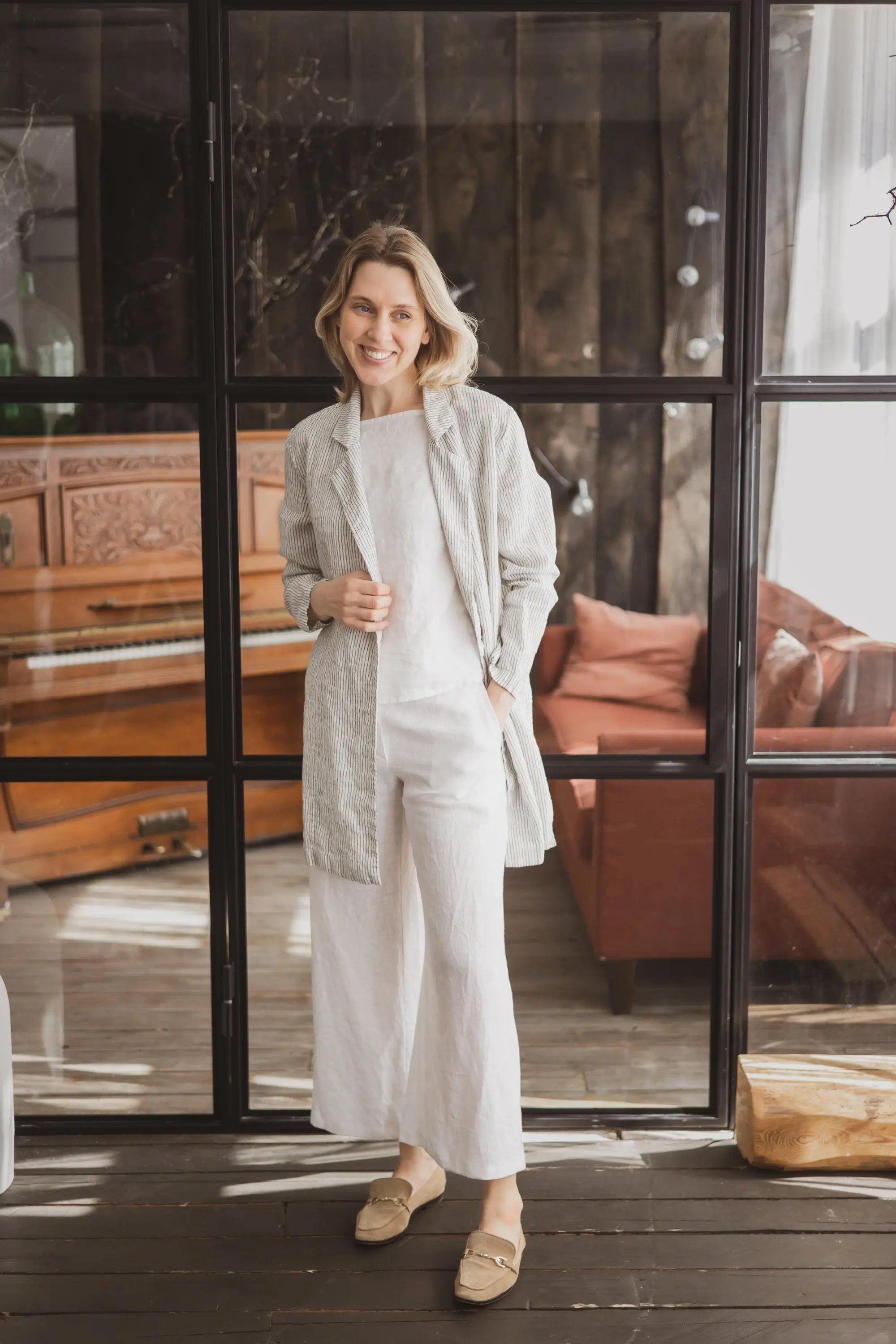 Zweireihiger Longline-Leinenblazer