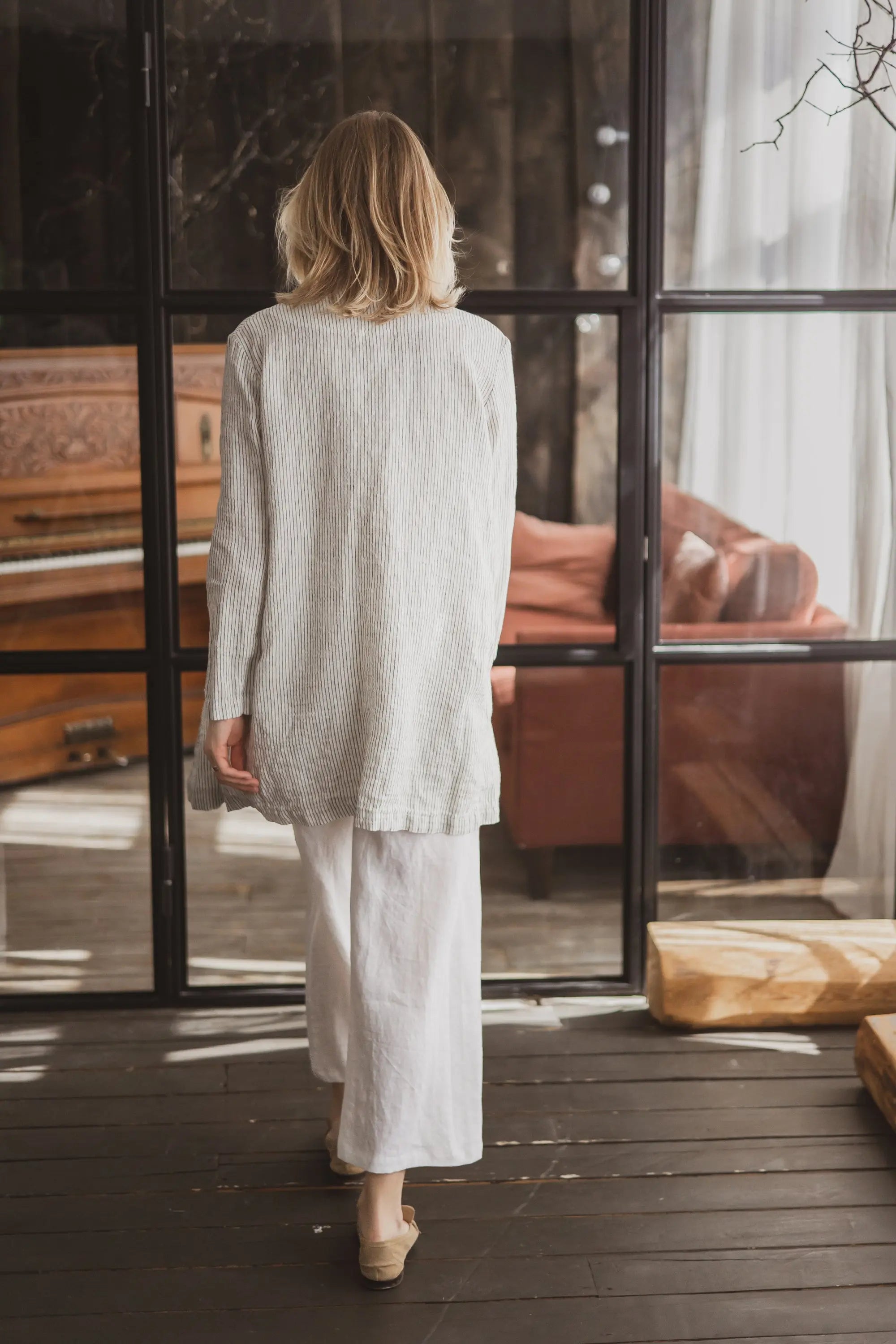 Zweireihiger Longline-Leinenblazer