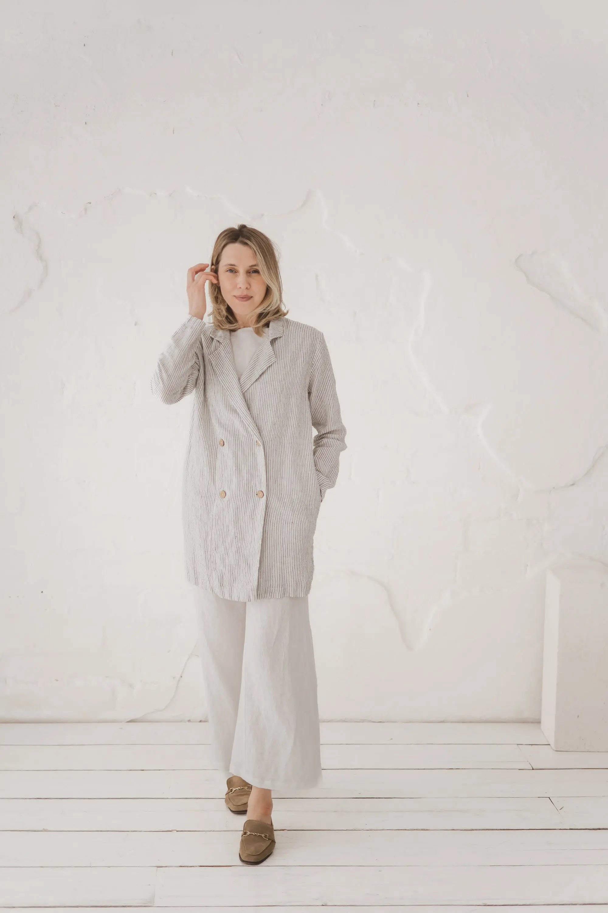 Zweireihiger Longline-Leinenblazer