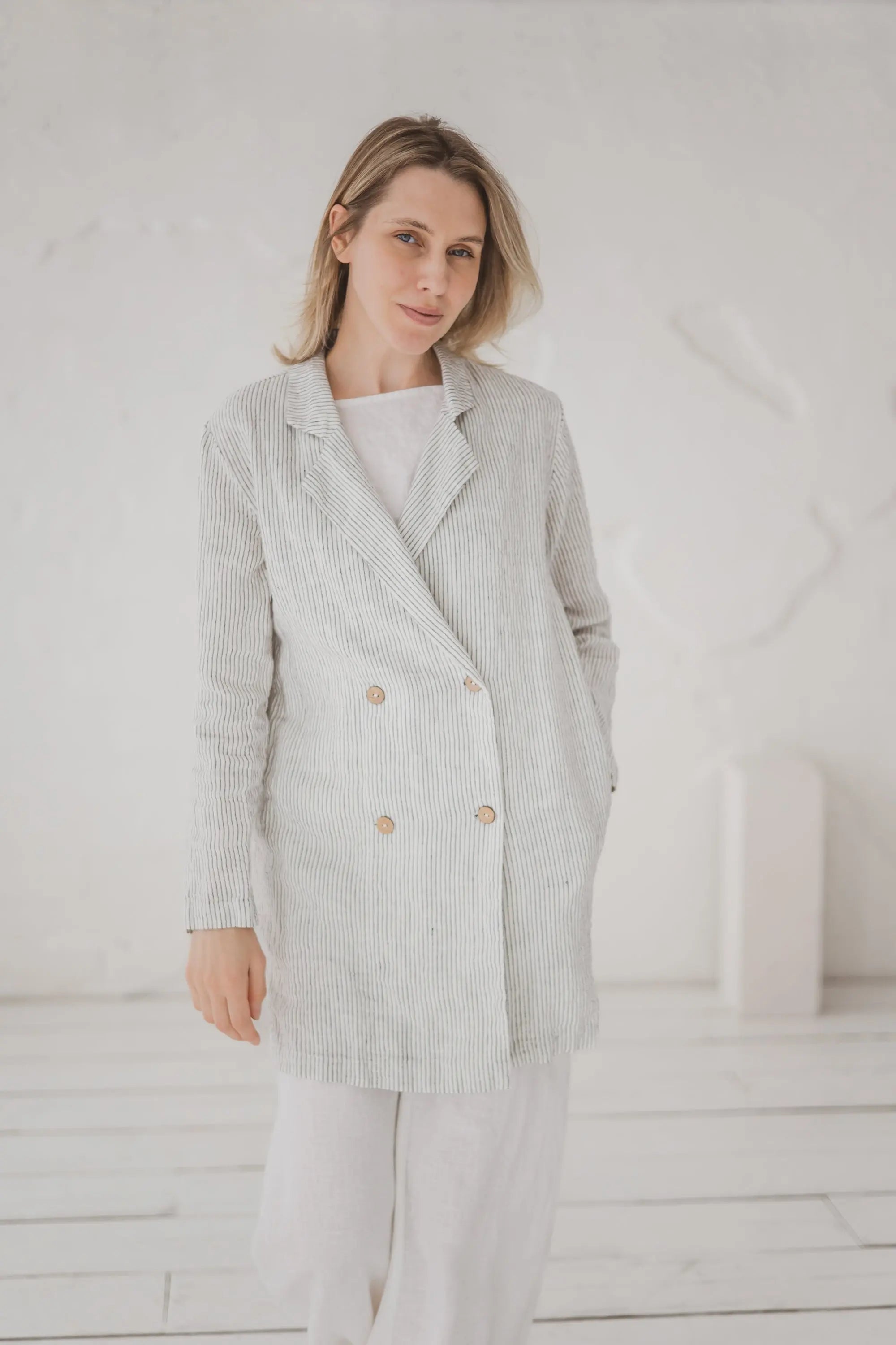 Zweireihiger Longline-Leinenblazer