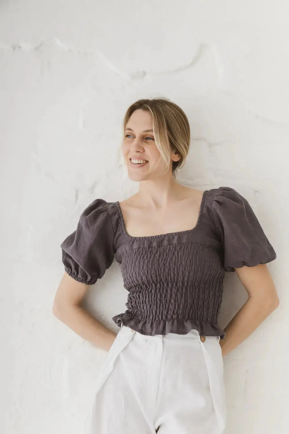 Epic Linen smocked linen crop top blouse, fabric texture detail