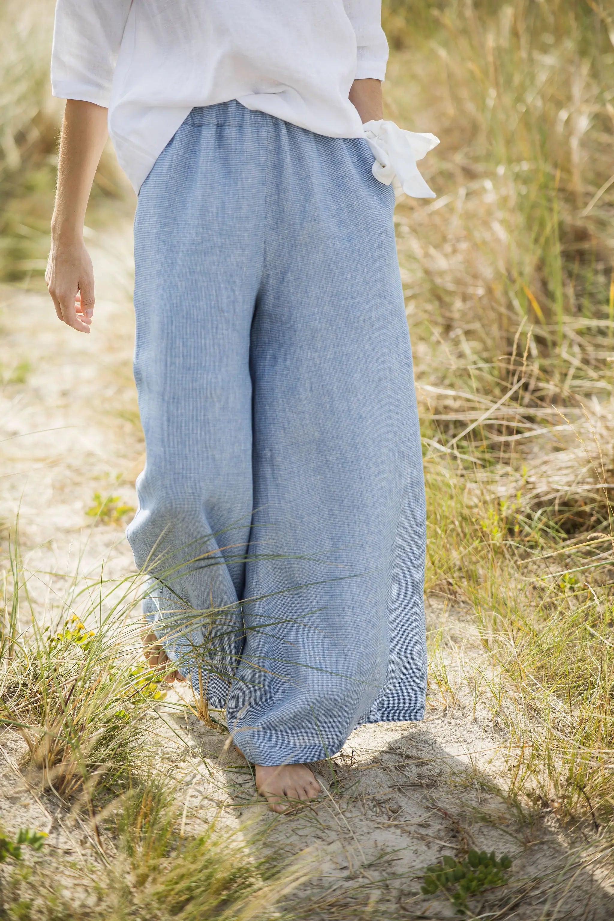 High Waisted Linen Culottes with Elastic Waistband