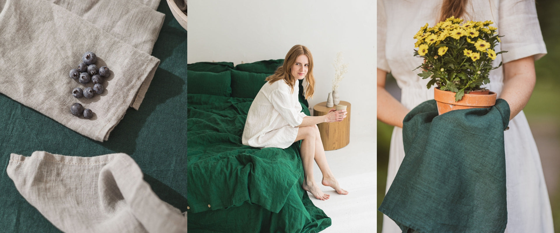 Three images showing green fabric, a person sitting on a couch, and a person holding a plant.