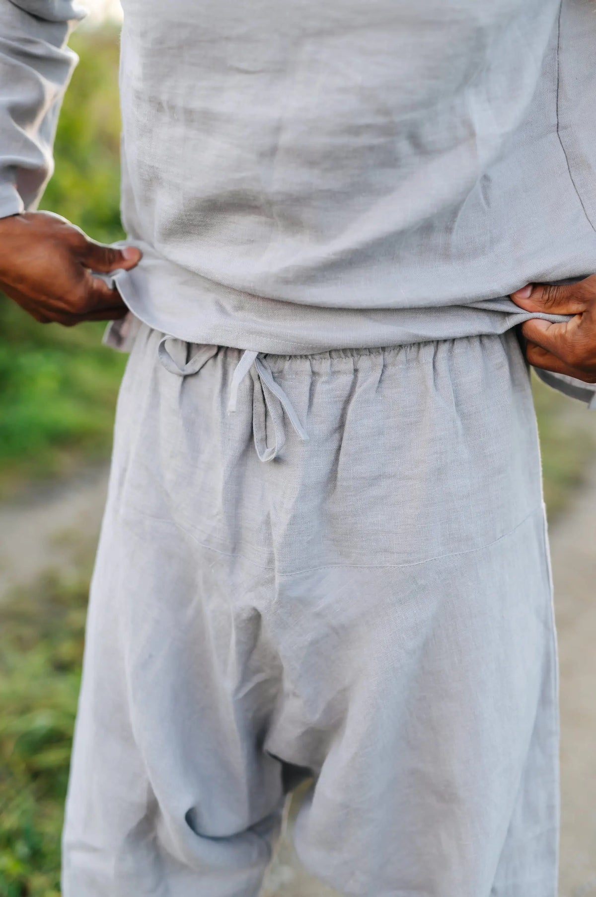 Leinen-Yogahose – Pumphose mit Kordelzug in der Taille
