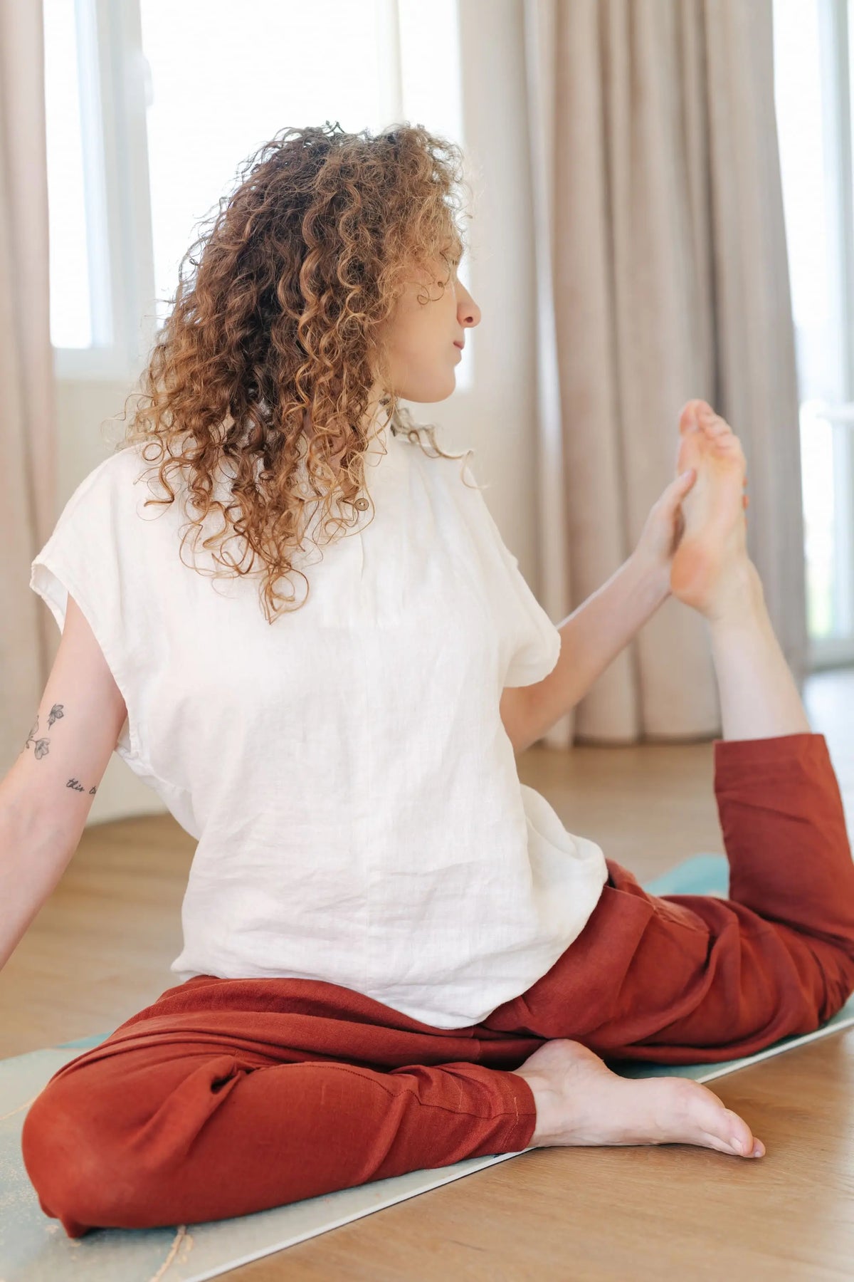 Leinen-Yogahose – Pumphose mit Kordelzug in der Taille
