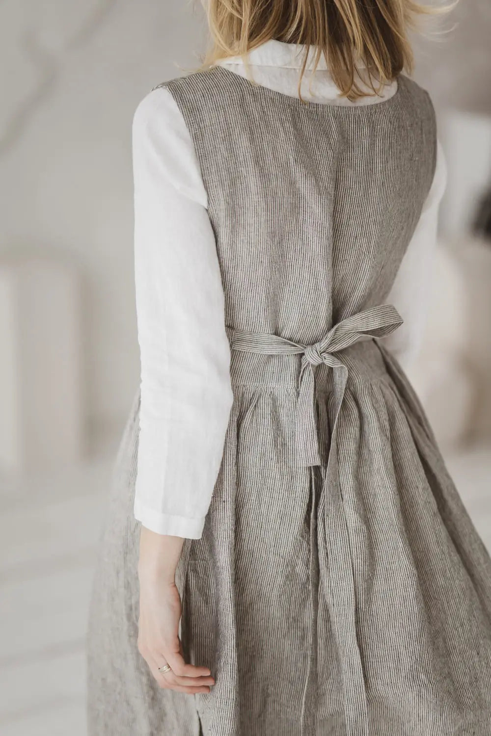 Convertible Linen Pinafore Dress back bow tie detail - Epic Linen