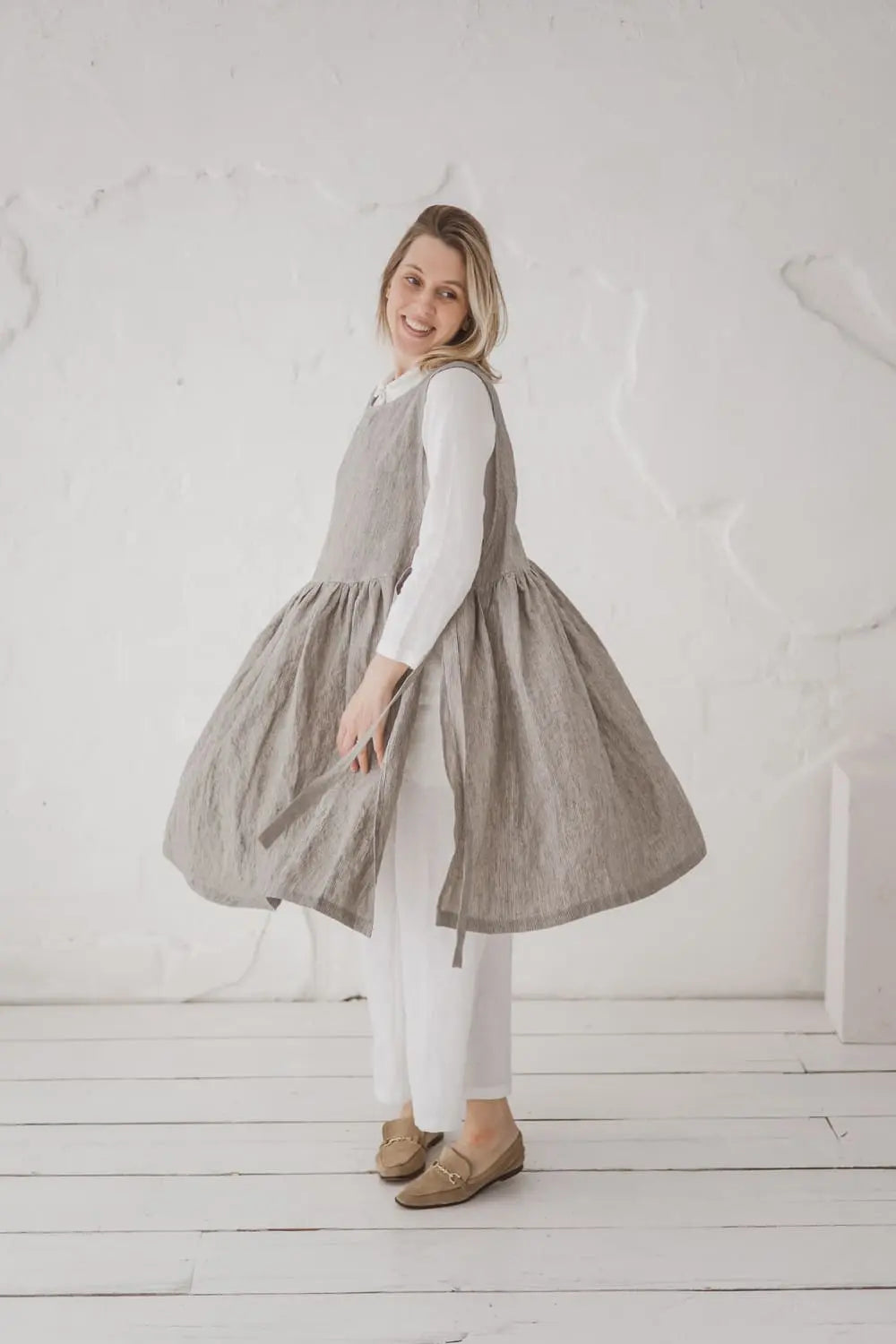Convertible Linen Pinafore Dress flowing skirt detail - Epic Linen