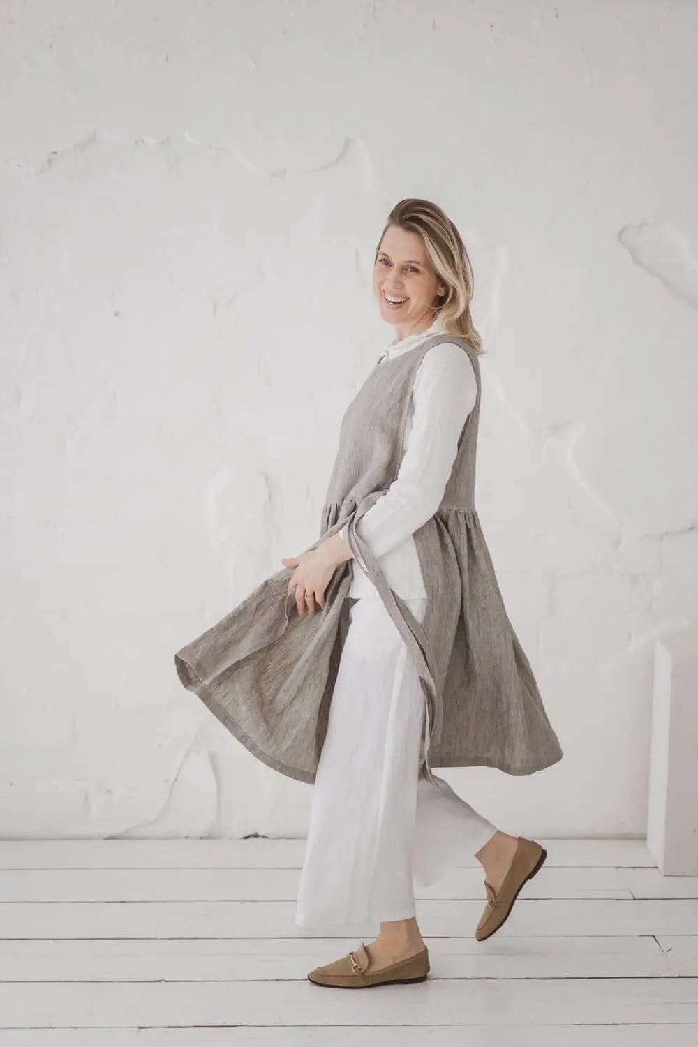 Convertible Linen Pinafore Dress side profile in motion - Epic Linen