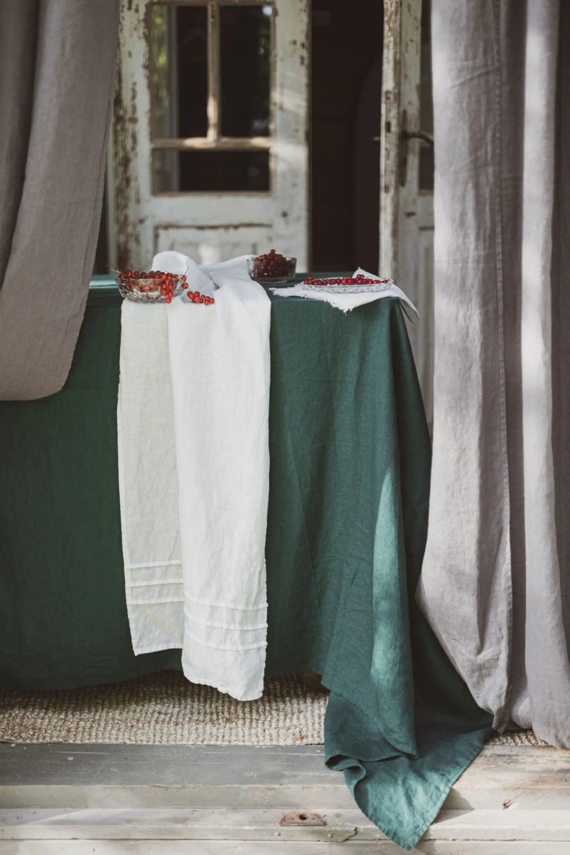 Natural Stonewashed Dark Green Linen Tablecloth