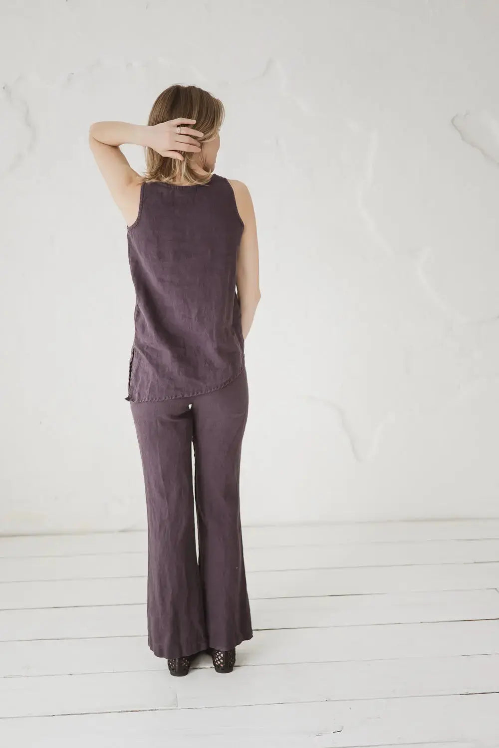 High waist linen flare pants — back view, full length