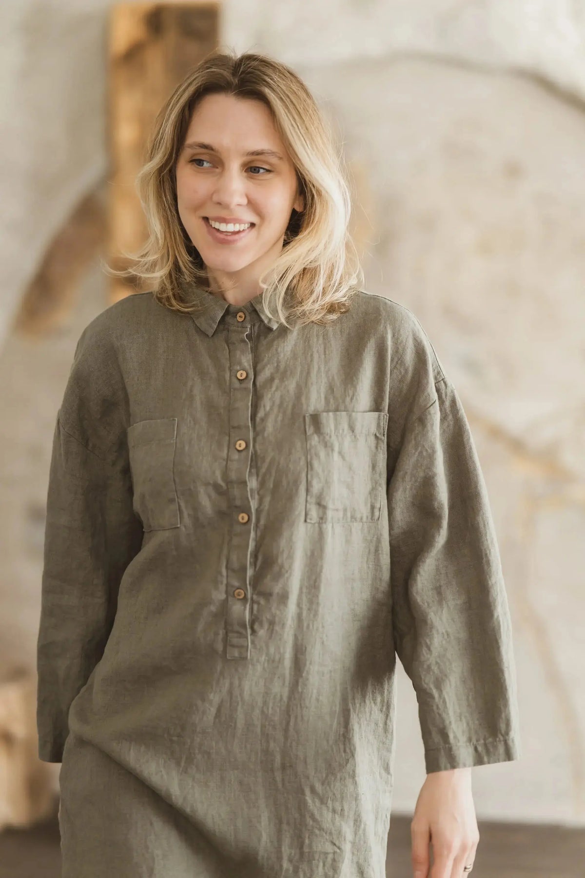 Woman wearing the Linen Belted Portofino Shirt Dress, 185gsm European linen 605.