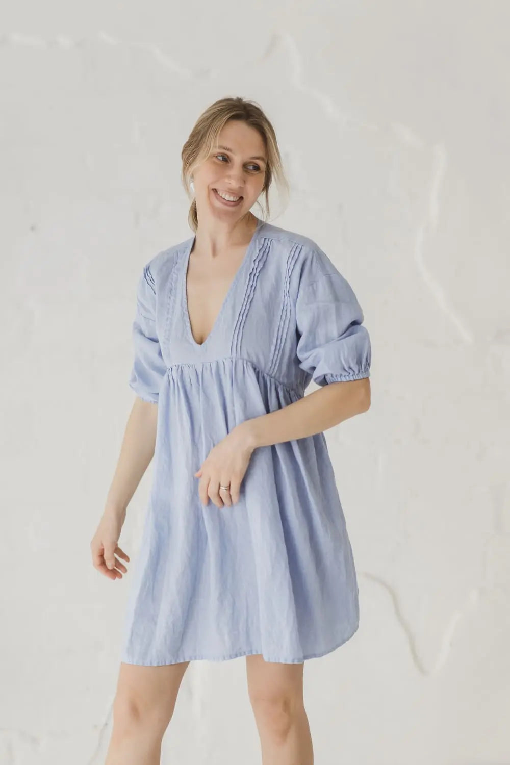 Linen Gathered Waist Mini Dress — full front view