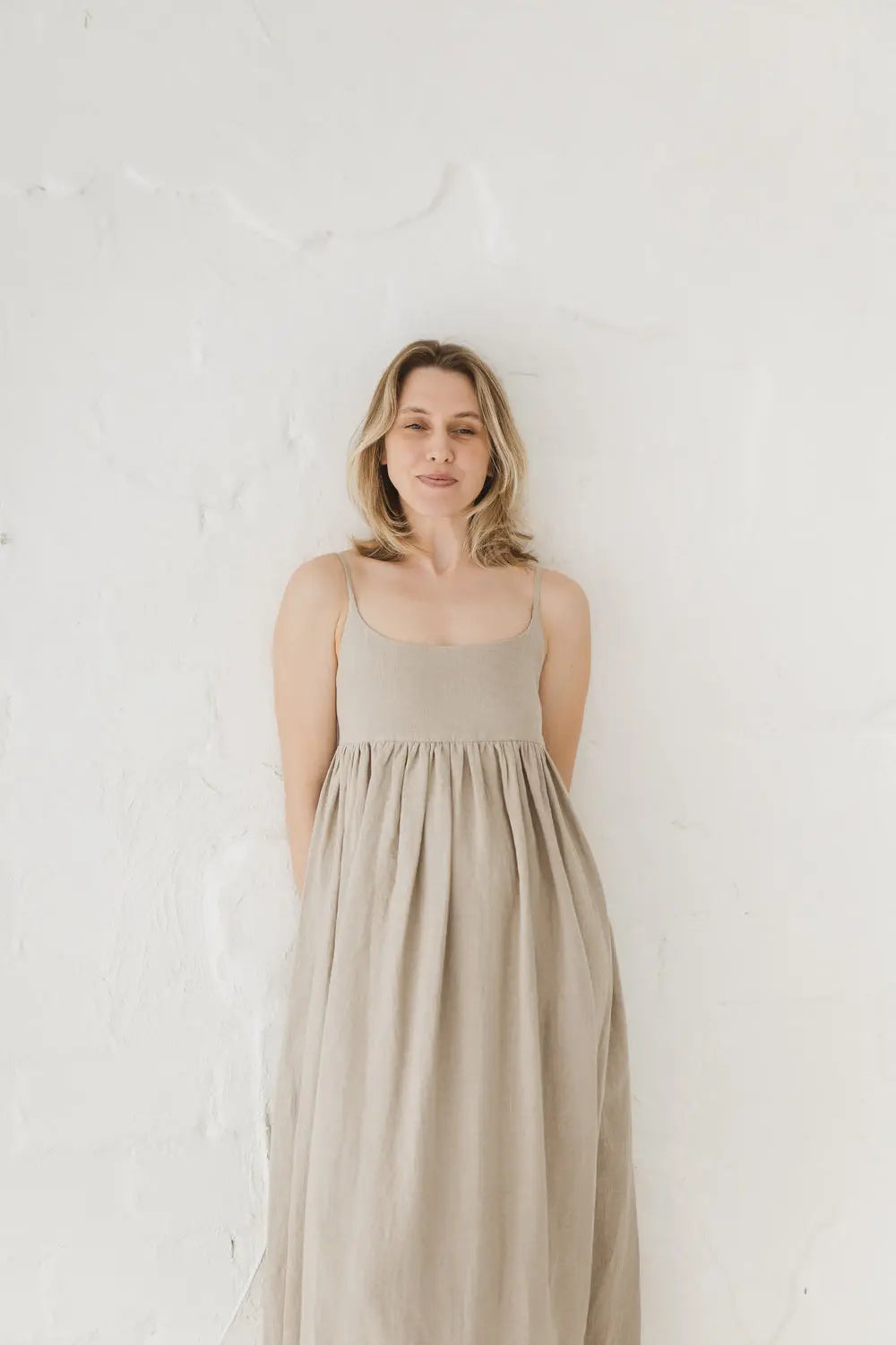 Women's linen maxi dress with spaghetti straps, front view
