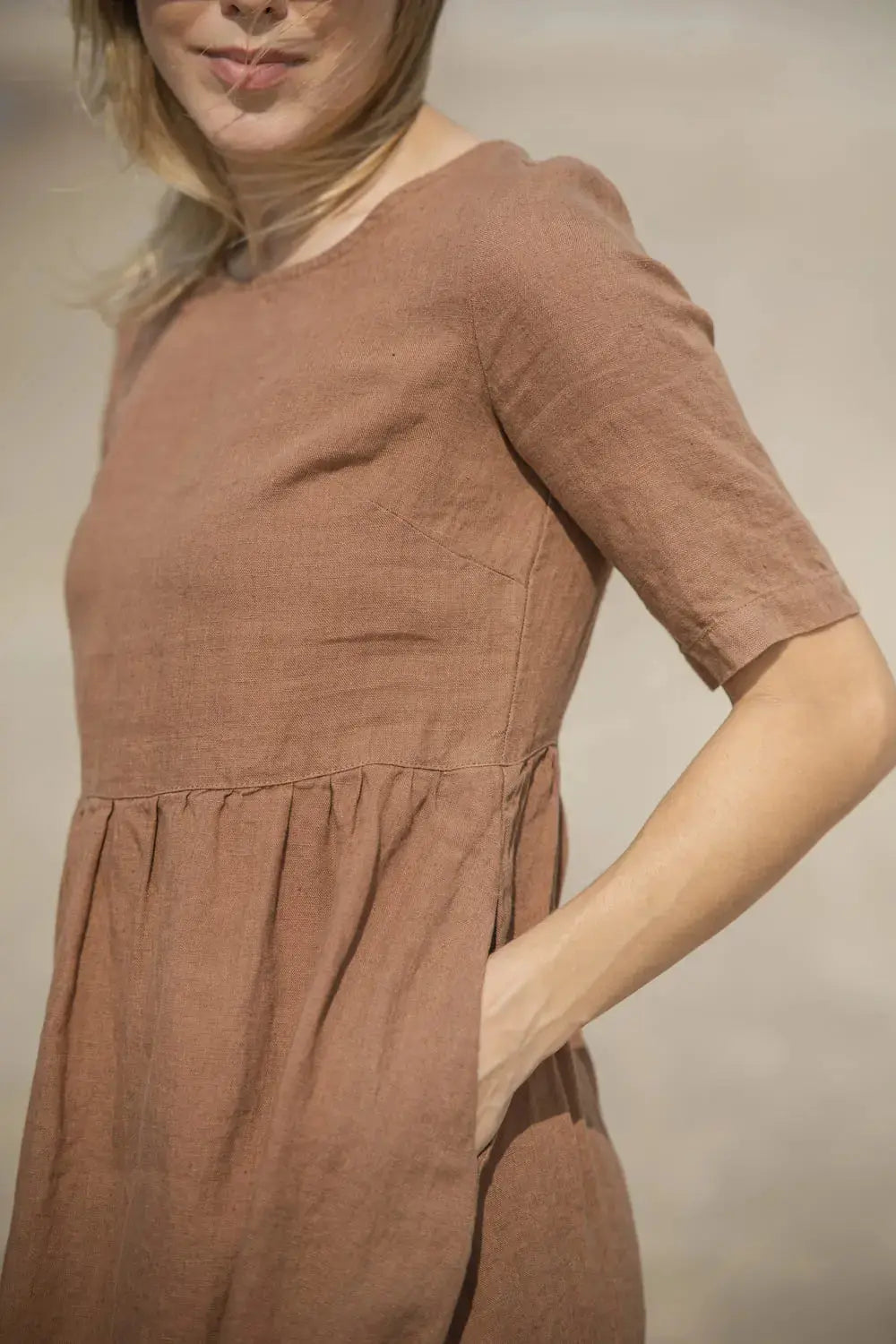 Close-up of pocket and sleeve detail on Linen Dress with Pockets
