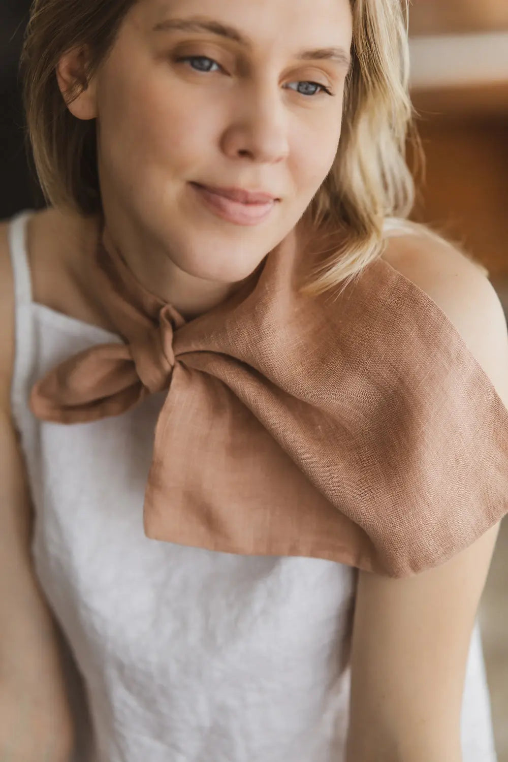 Soft light peach linen neck kerchief with loop closure
