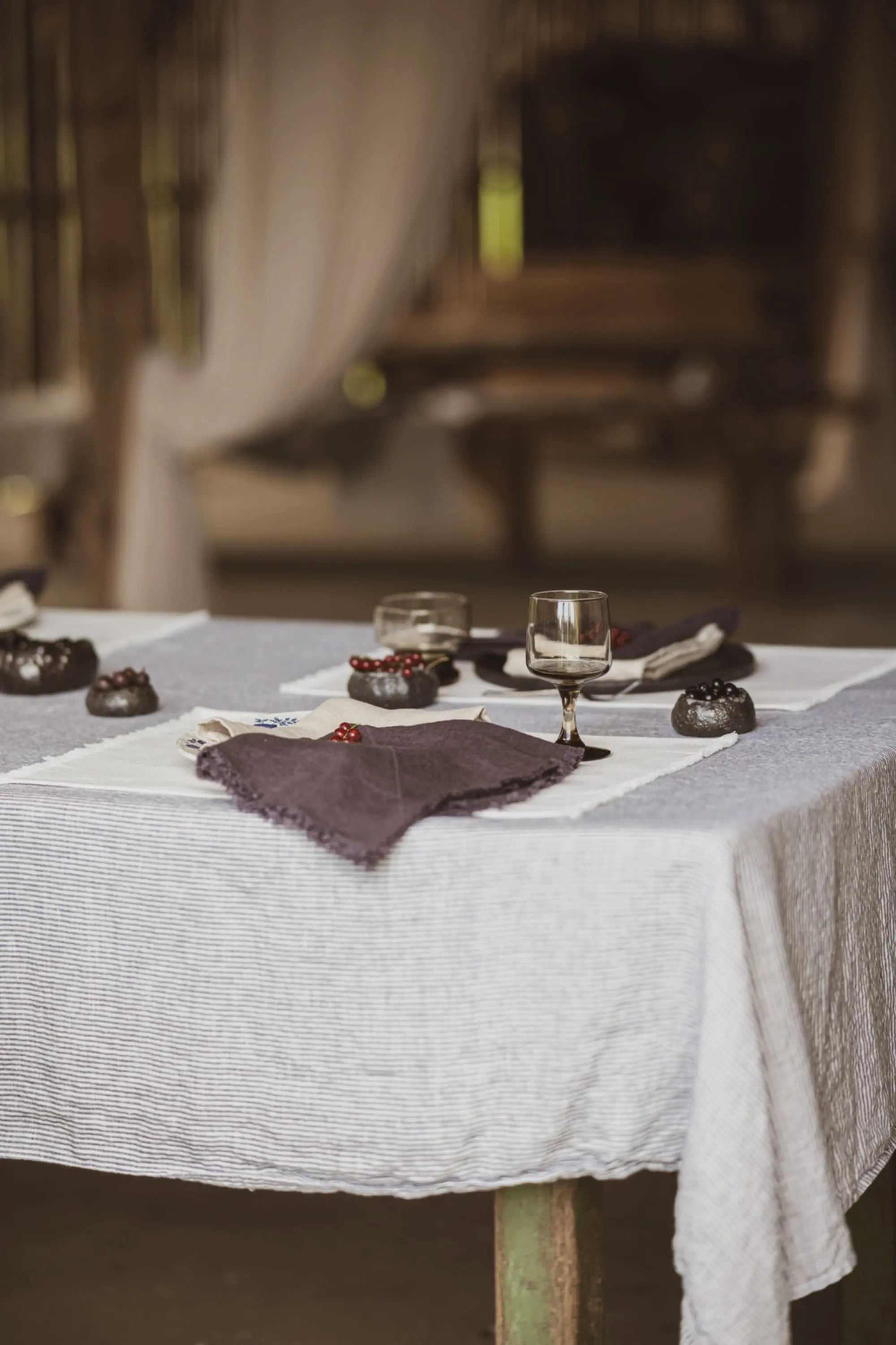 Natural Stonewashed White Blue Stripes Linen Tablecloth