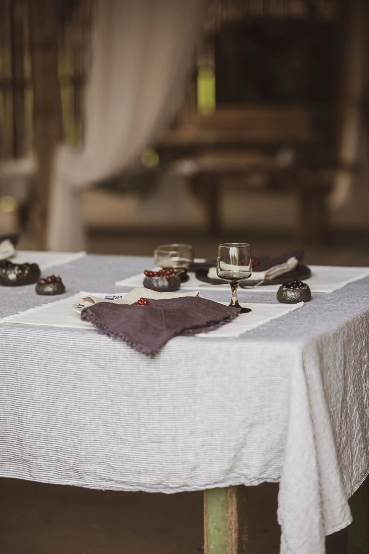 Natural Stonewashed White Blue Stripes Linen Tablecloth Epic Linen
