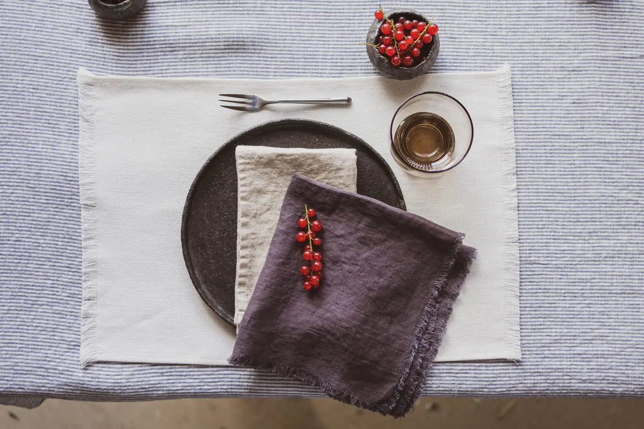 Natural Stonewashed White Blue Stripes Linen Tablecloth