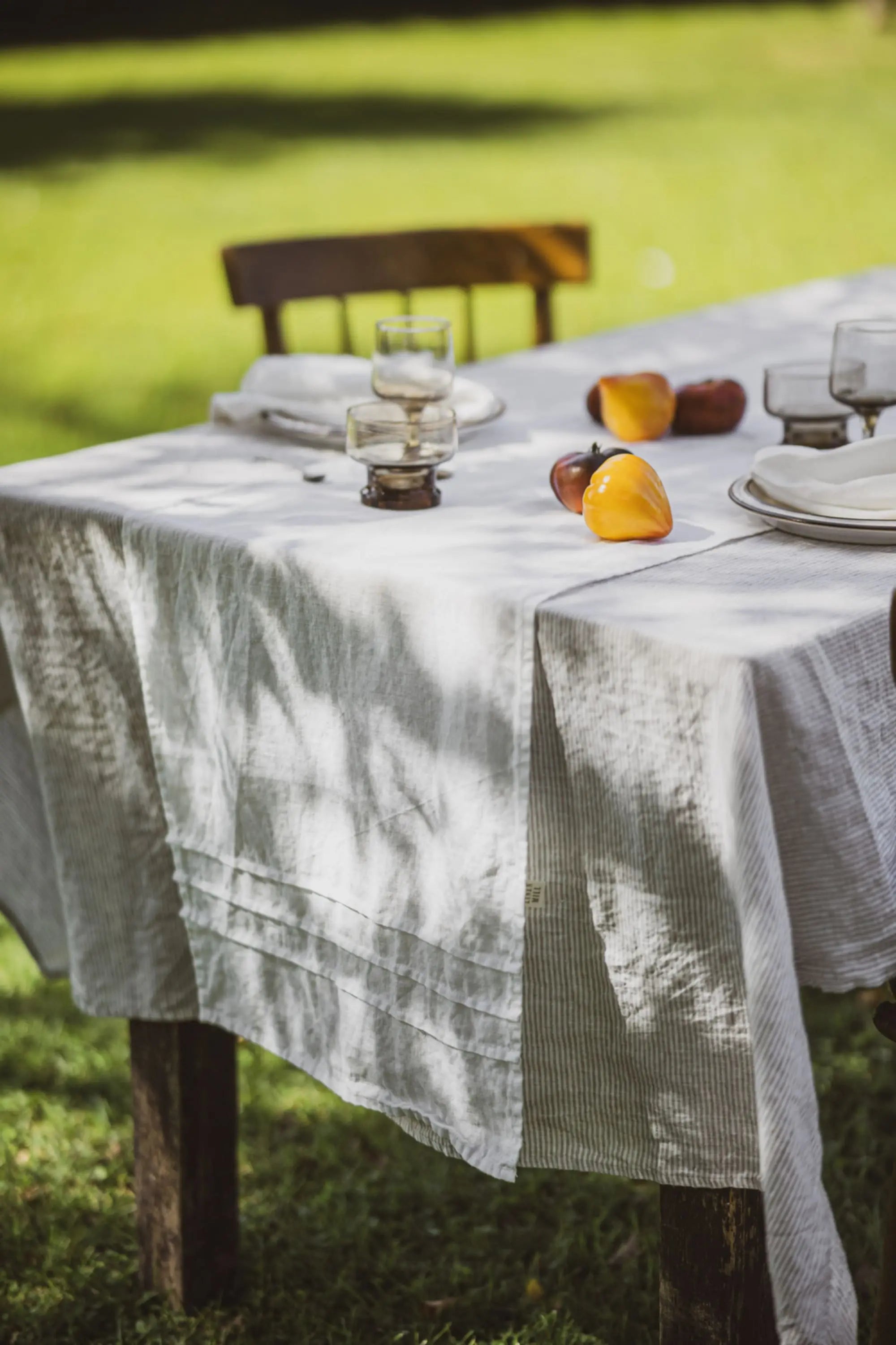 Natural Stonewashed White Natural Stripes Linen Tablecloth