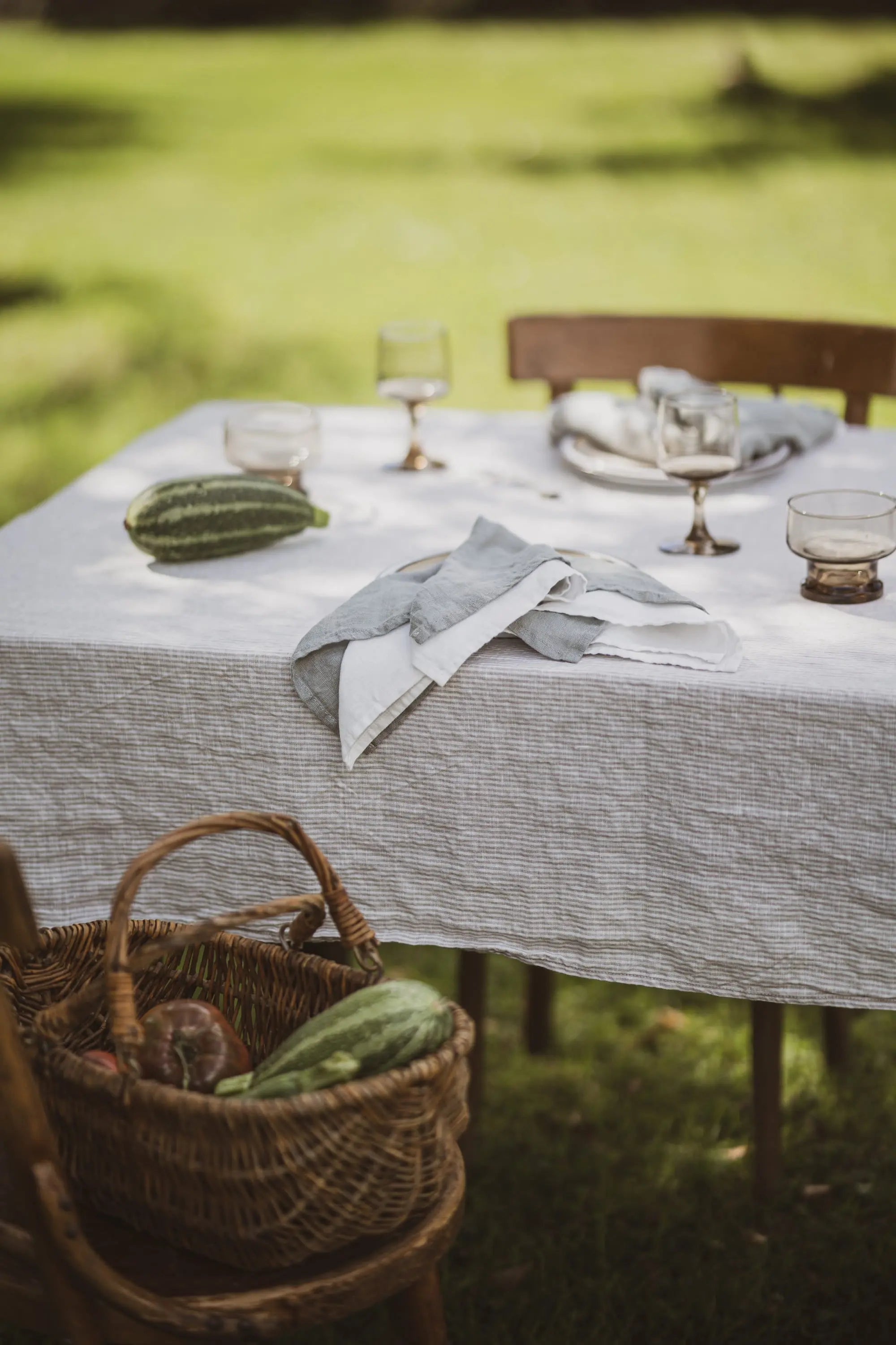 Natural Stonewashed White Natural Stripes Linen Tablecloth