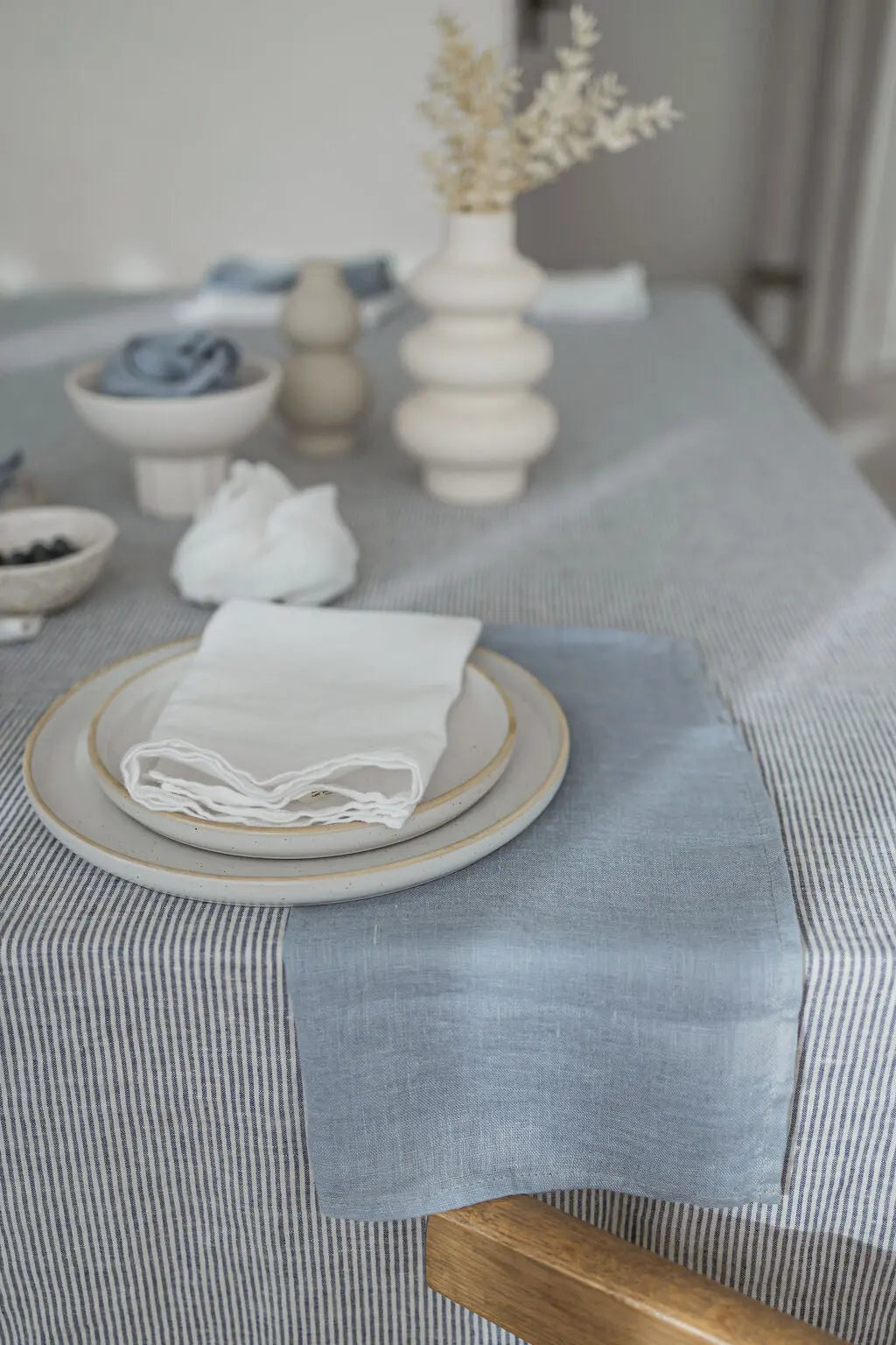 Natural Soft White Blue Stripes Linen Tablecloth Epic Linen