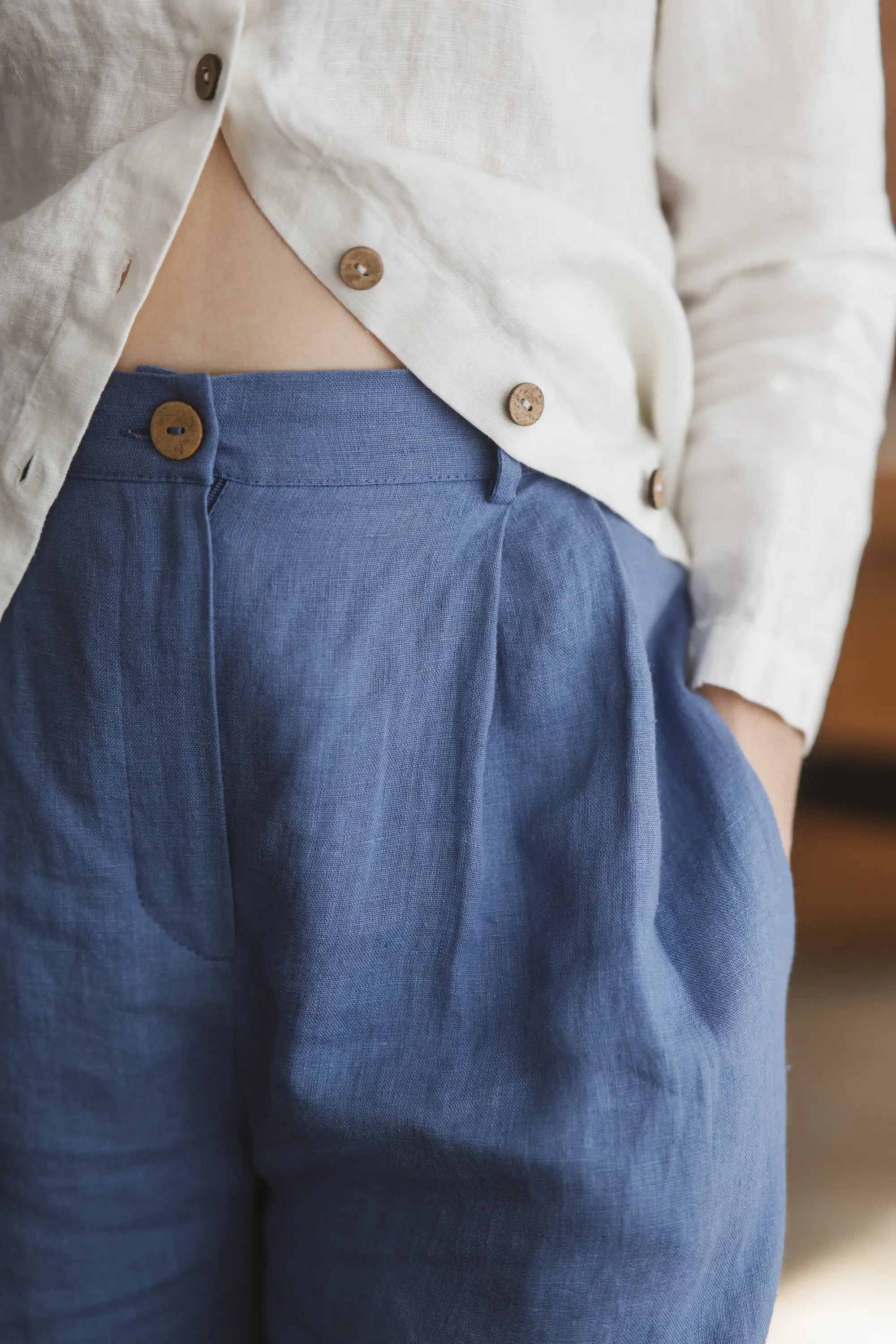 Hemd aus Leinen mit Button-Down-Kragen und Bubikragen