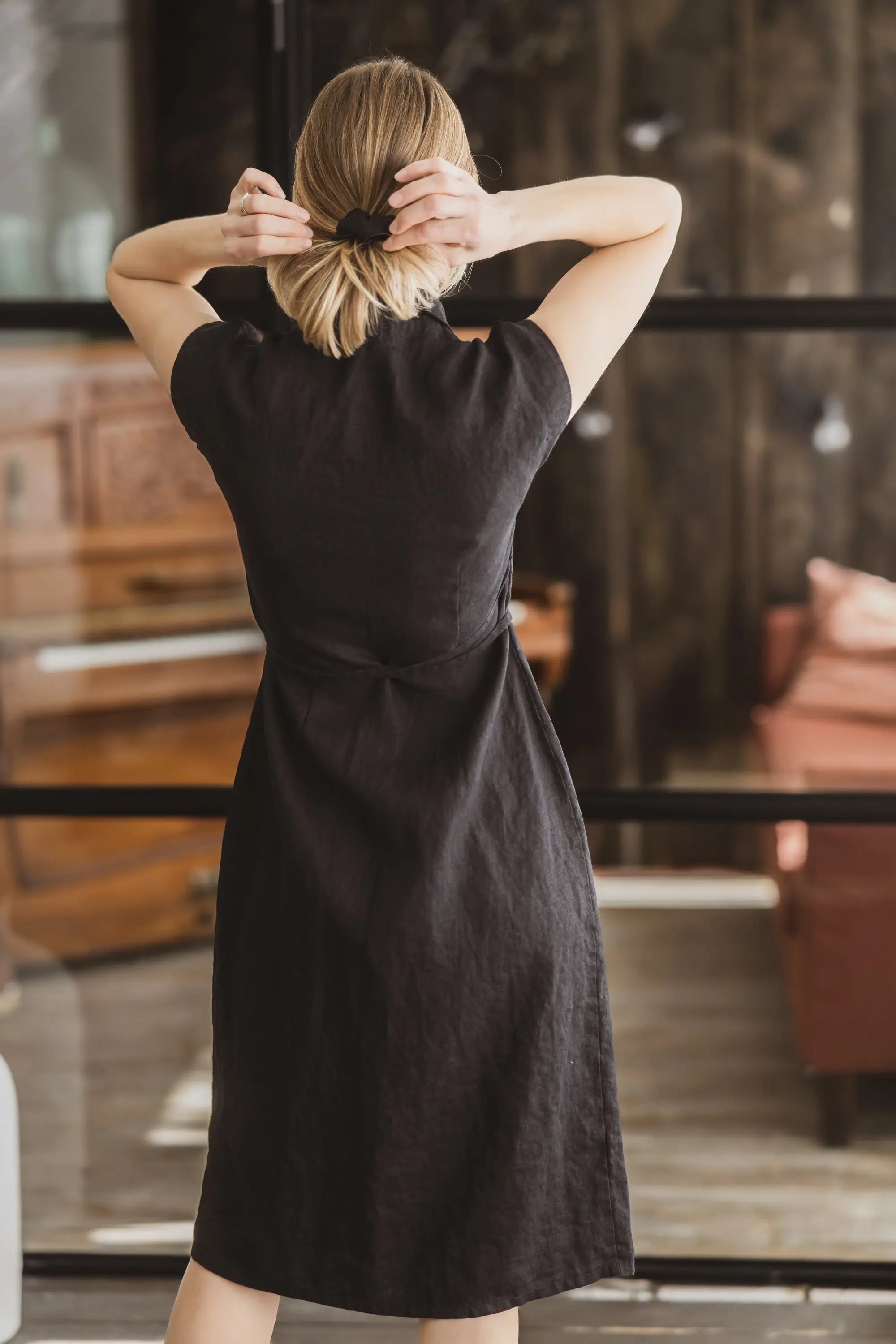 Collared Short Sleeve Midi Linen Wrap Dress - Mia