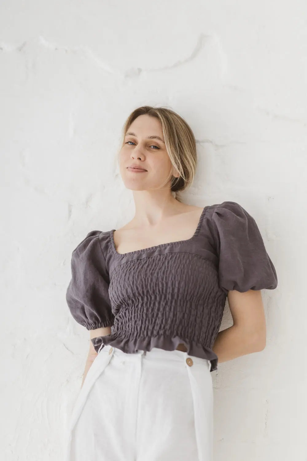 Epic Linen smocked linen crop top blouse, front view