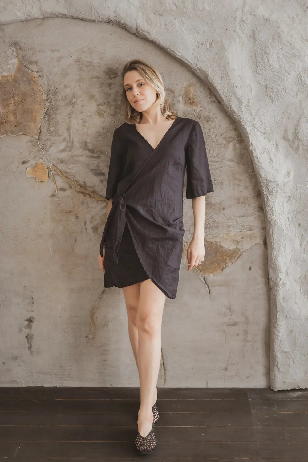 Full length view of a premium 100% linen wrap dress with waist tie