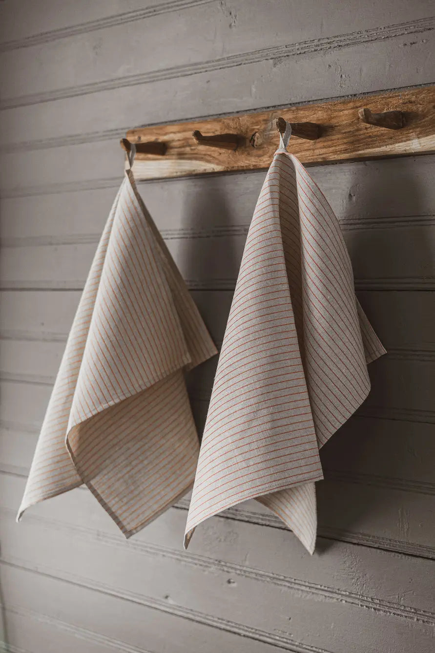 100% Pure Linen Kitchen Tea Towels In Narrow Red Stripes x 2 Epic Linen
