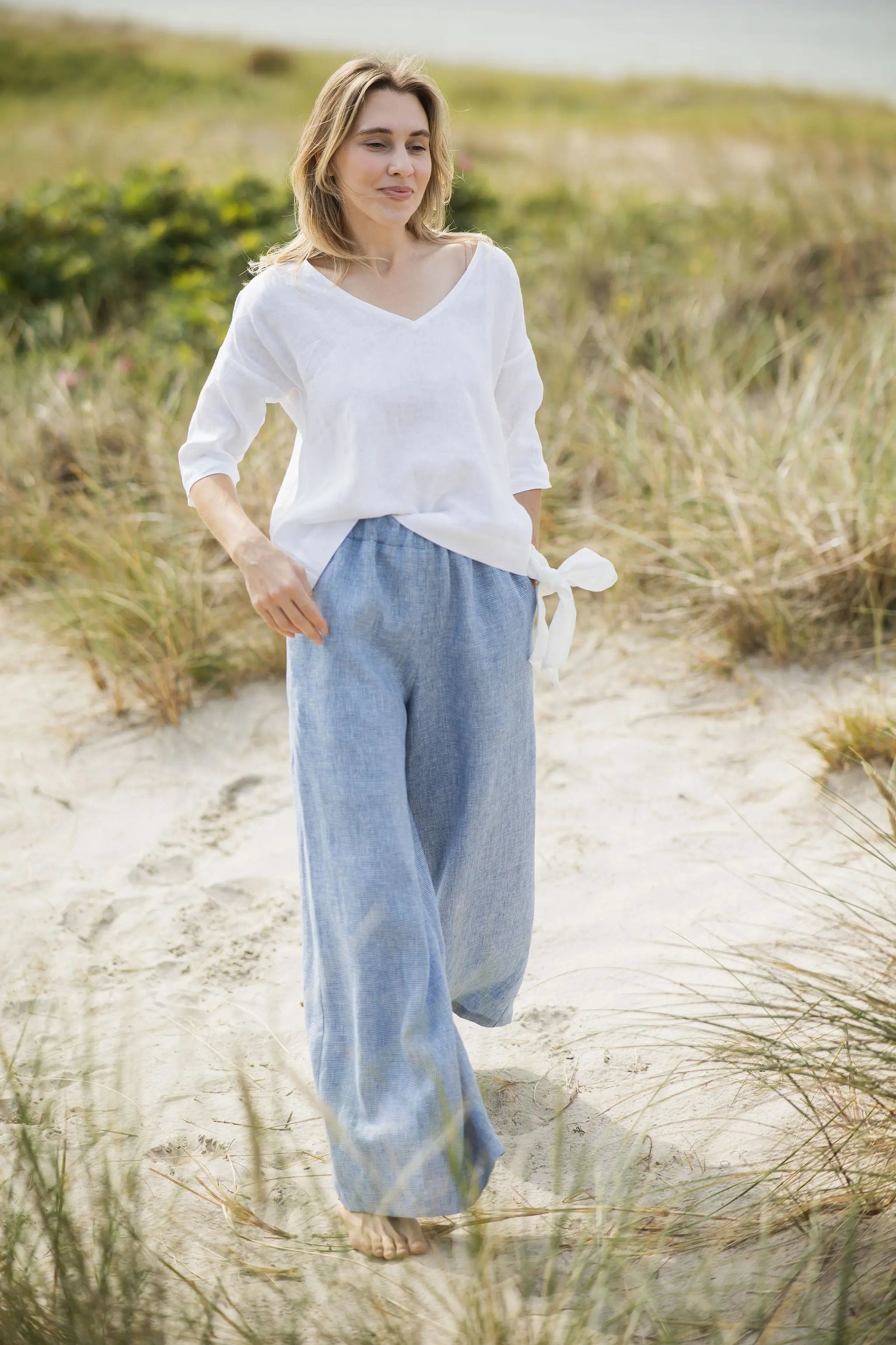 High-Waist-Leinen-Culottes mit Gummibund