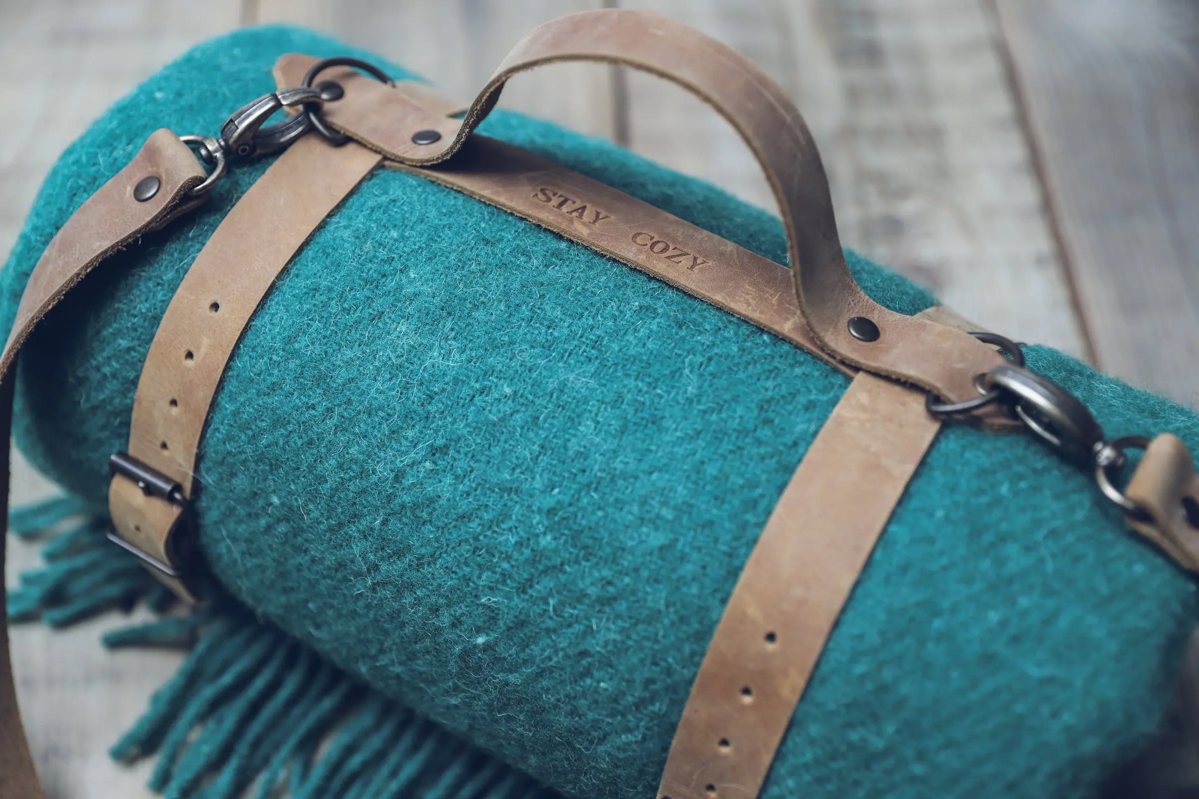 Leather Handle Strapped Green Wool Throw Blanket Epic Linen