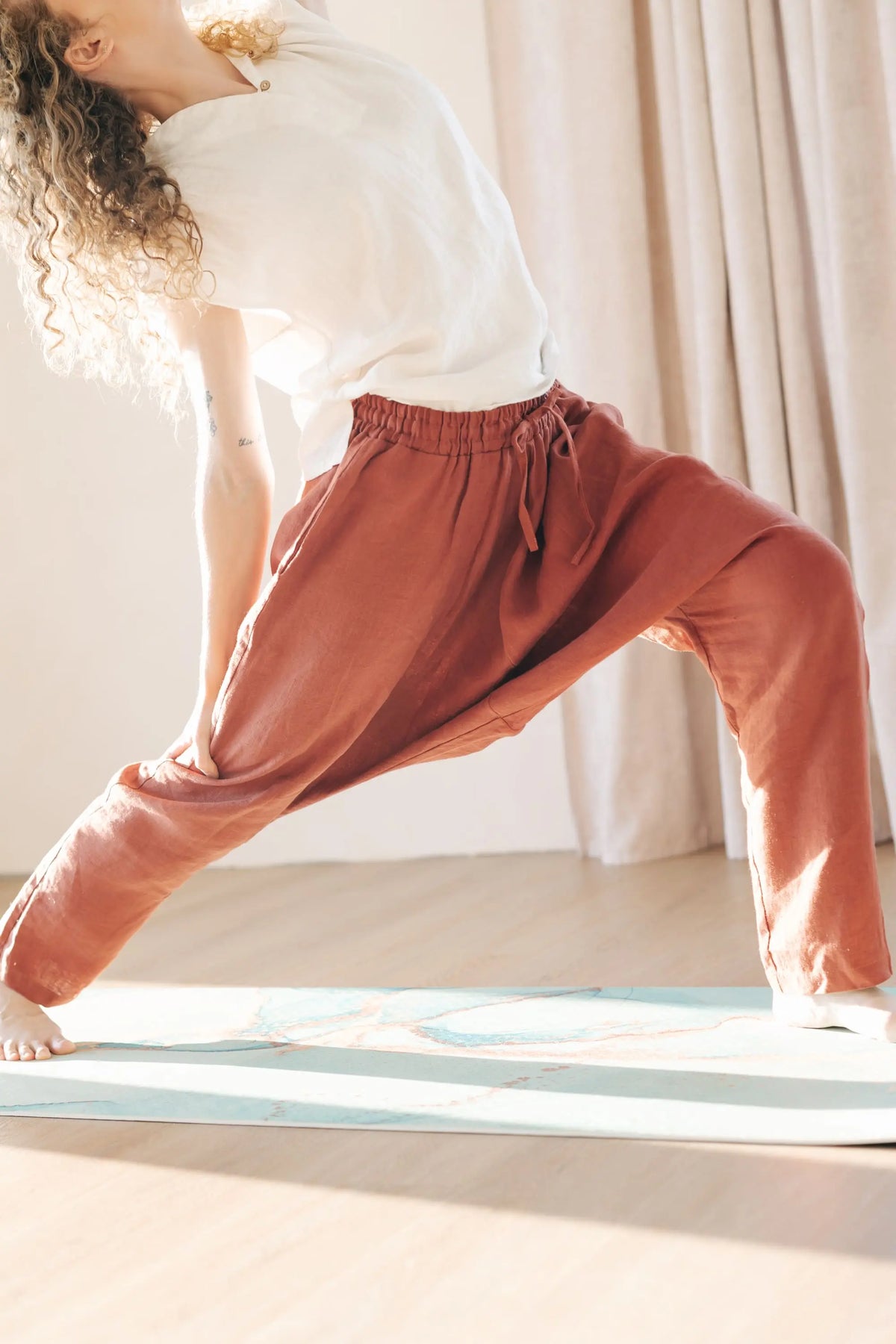 Leinen-Yogahose – Pumphose mit Kordelzug in der Taille