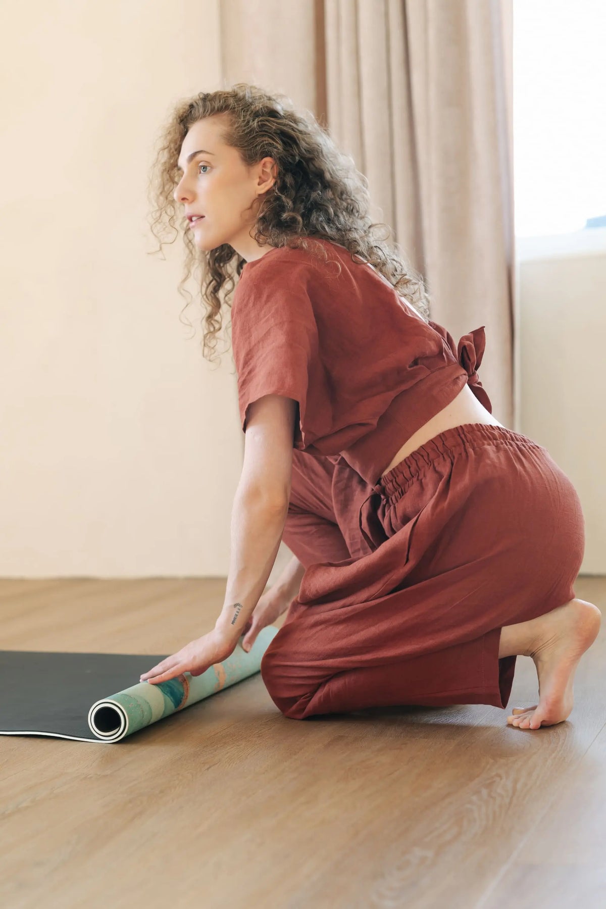 Leinen-Yogahose – Pumphose mit Kordelzug in der Taille