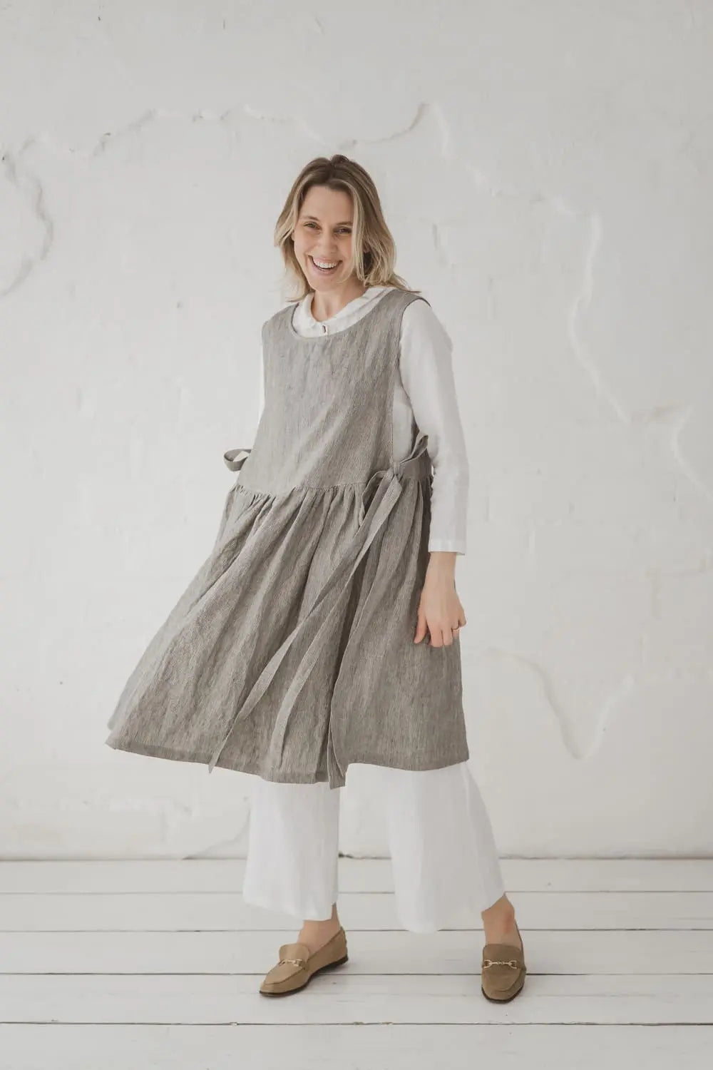 Convertible Linen Pinafore Dress front view - Epic Linen