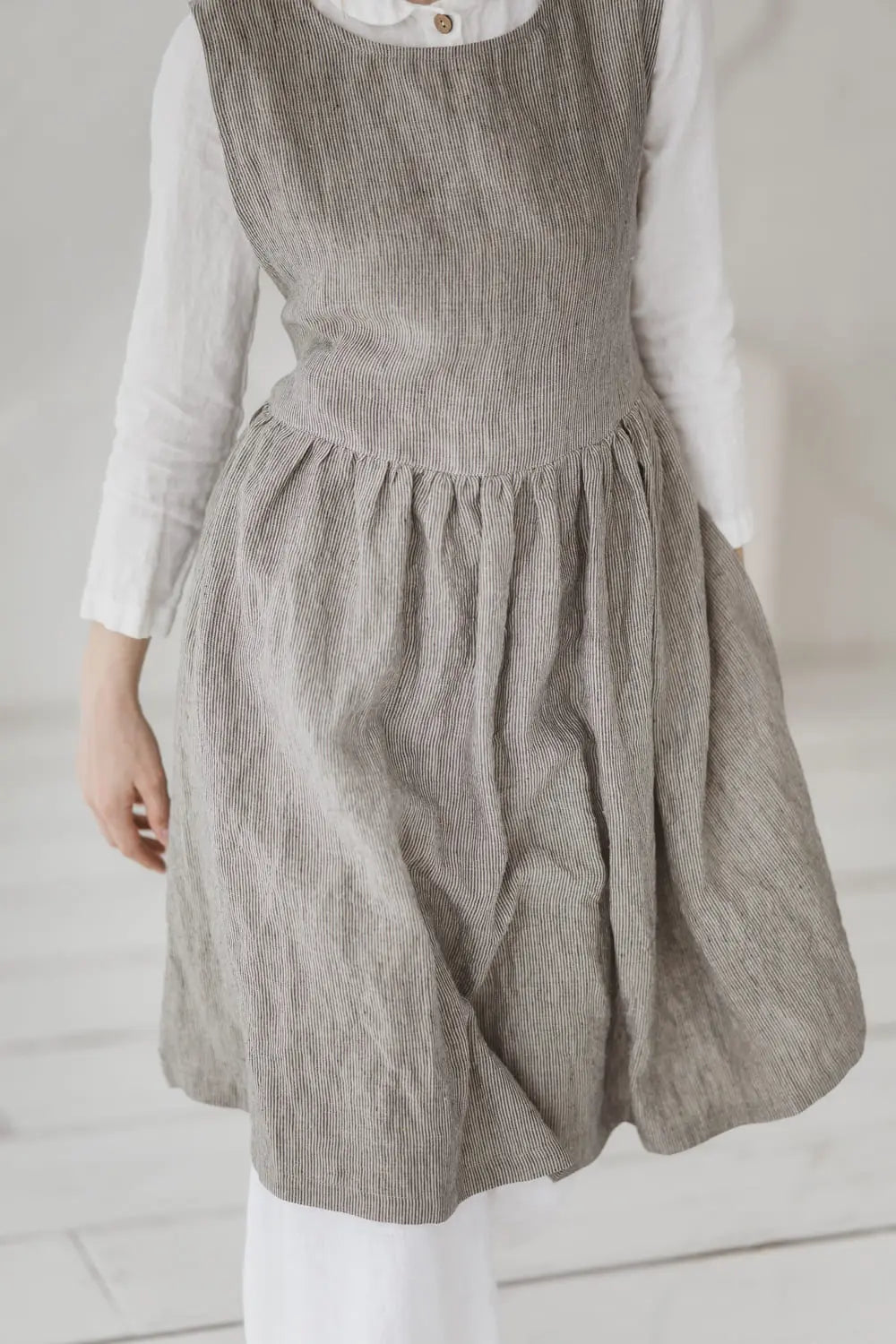 Convertible Linen Pinafore Dress gathered skirt detail - Epic Linen
