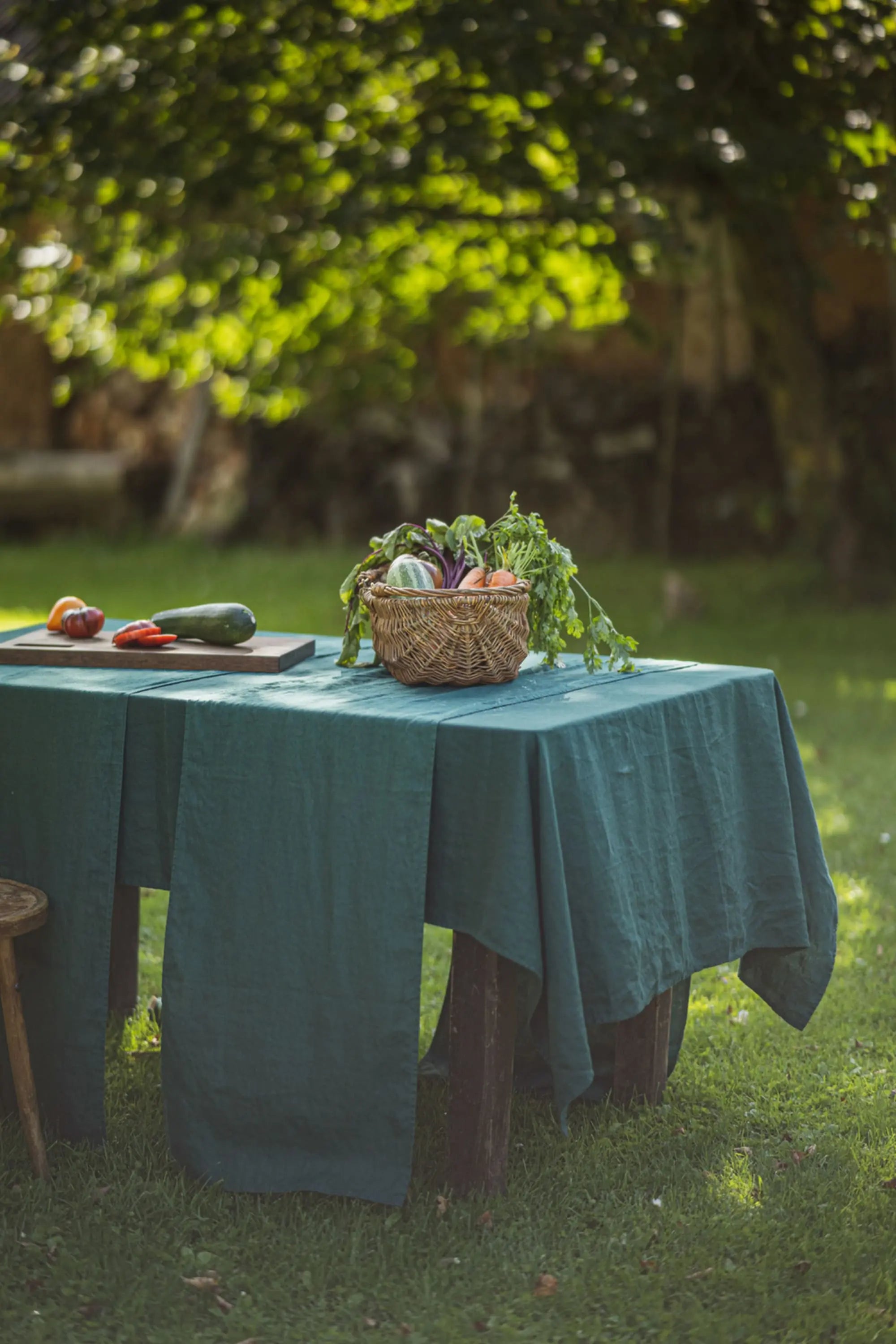 Natural Stonewashed Dark Green Linen Tablecloth