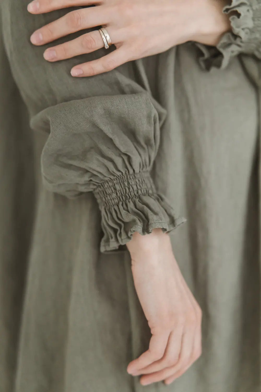 Linen Mini Dress Marea smocked cuff close-up detail