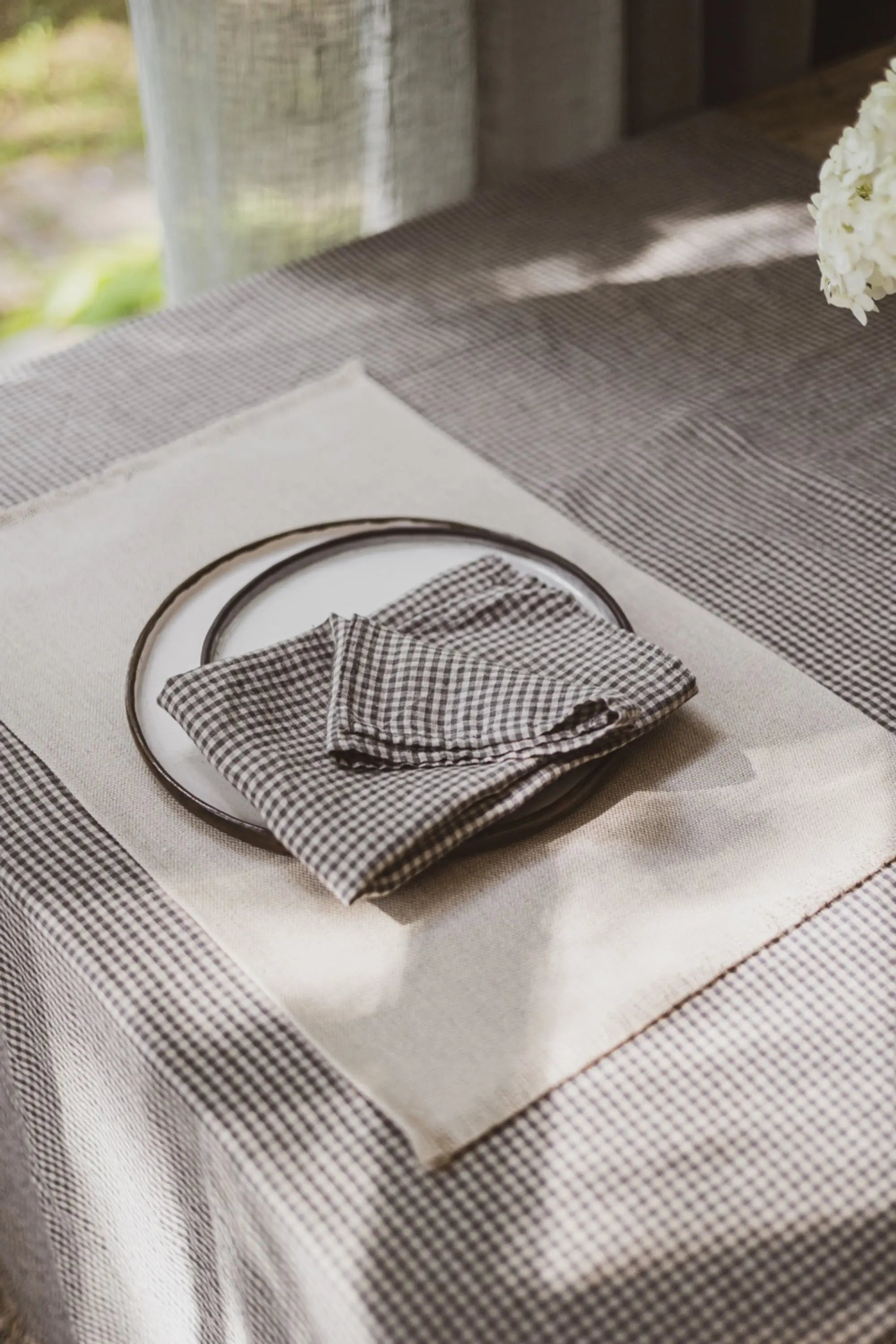 Natural Stonewashed Small Gray Checks Linen Tablecloth