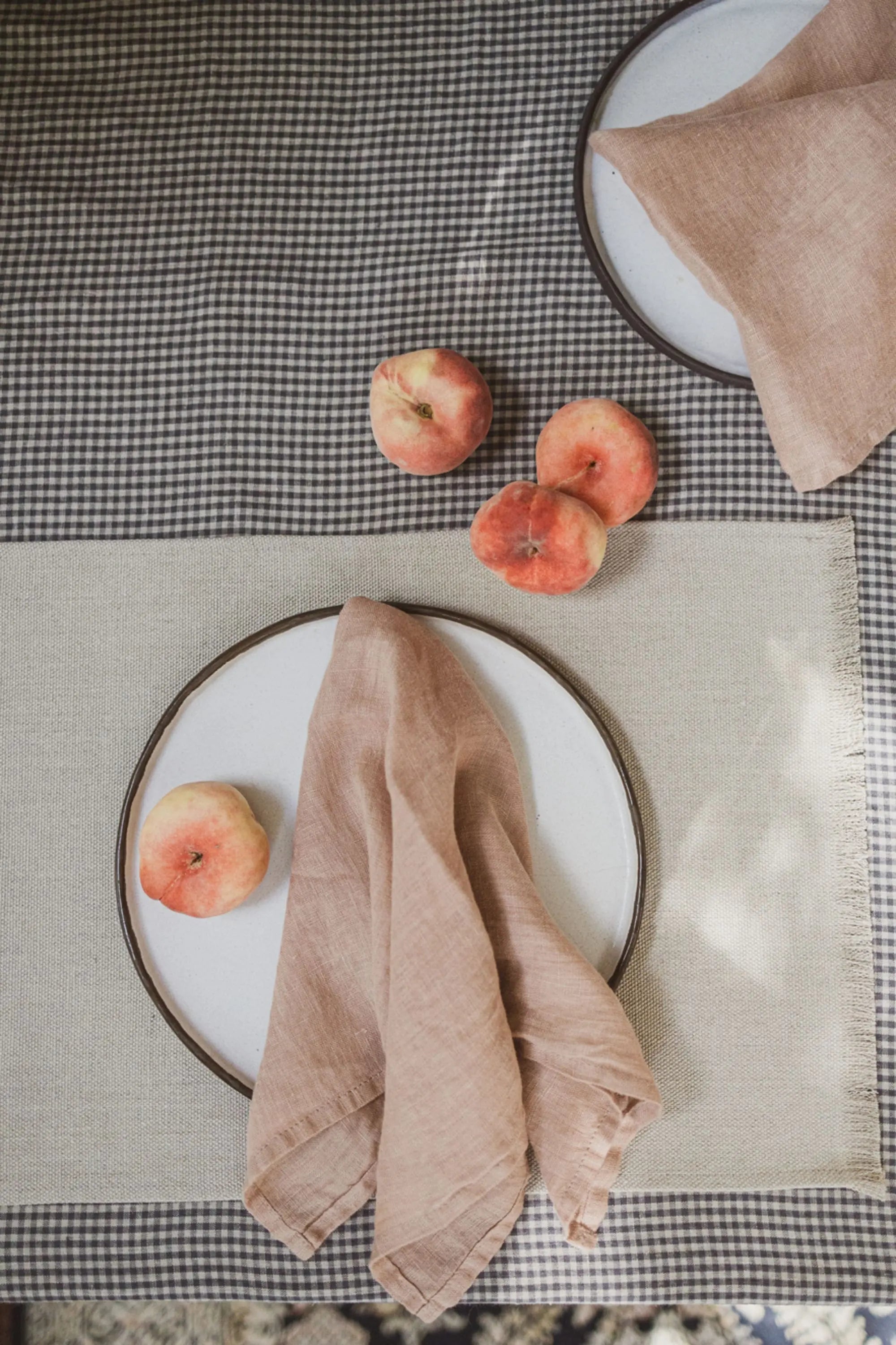 Natural Stonewashed Small Gray Checks Linen Tablecloth