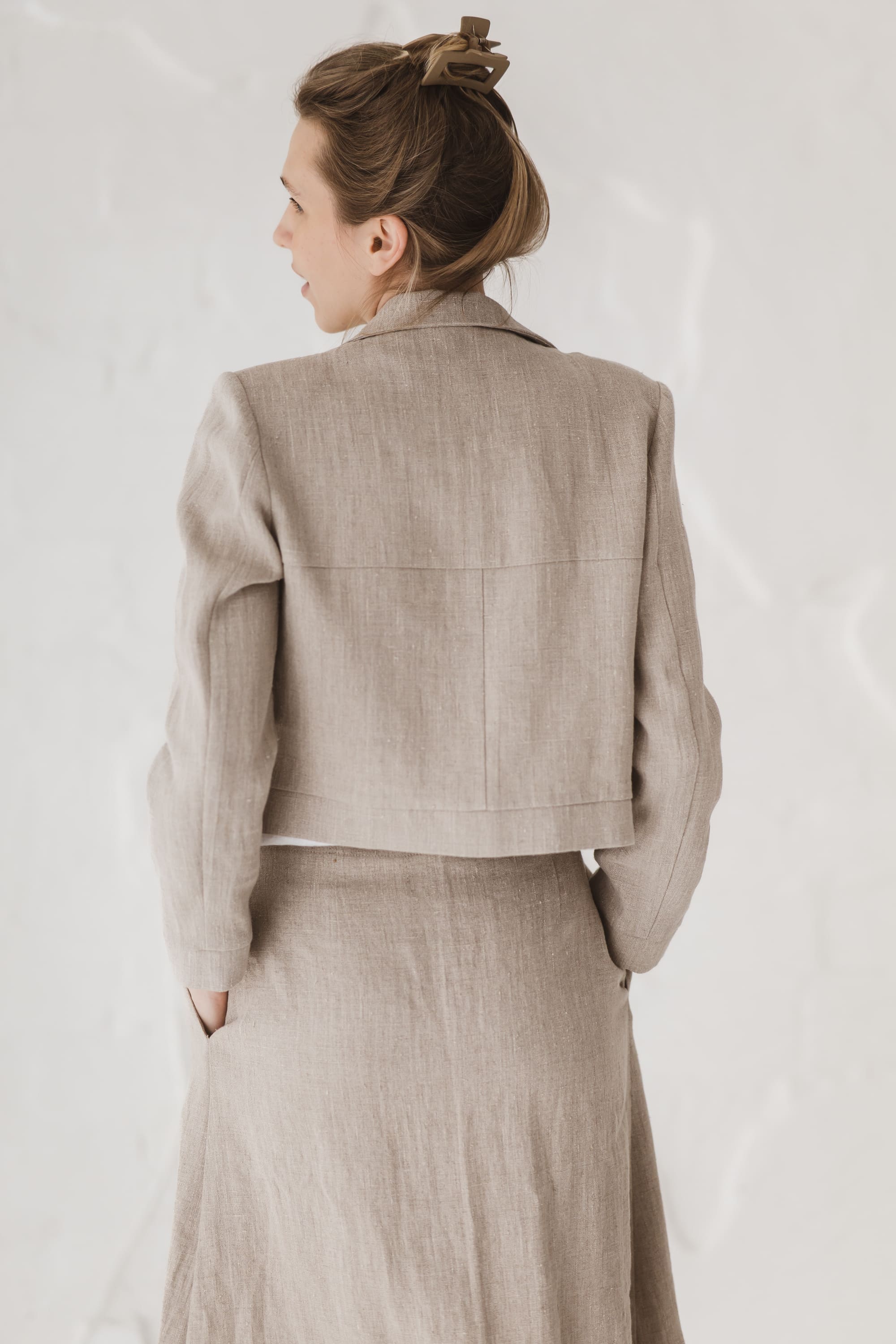Structured Cropped Linen Blazer — back view