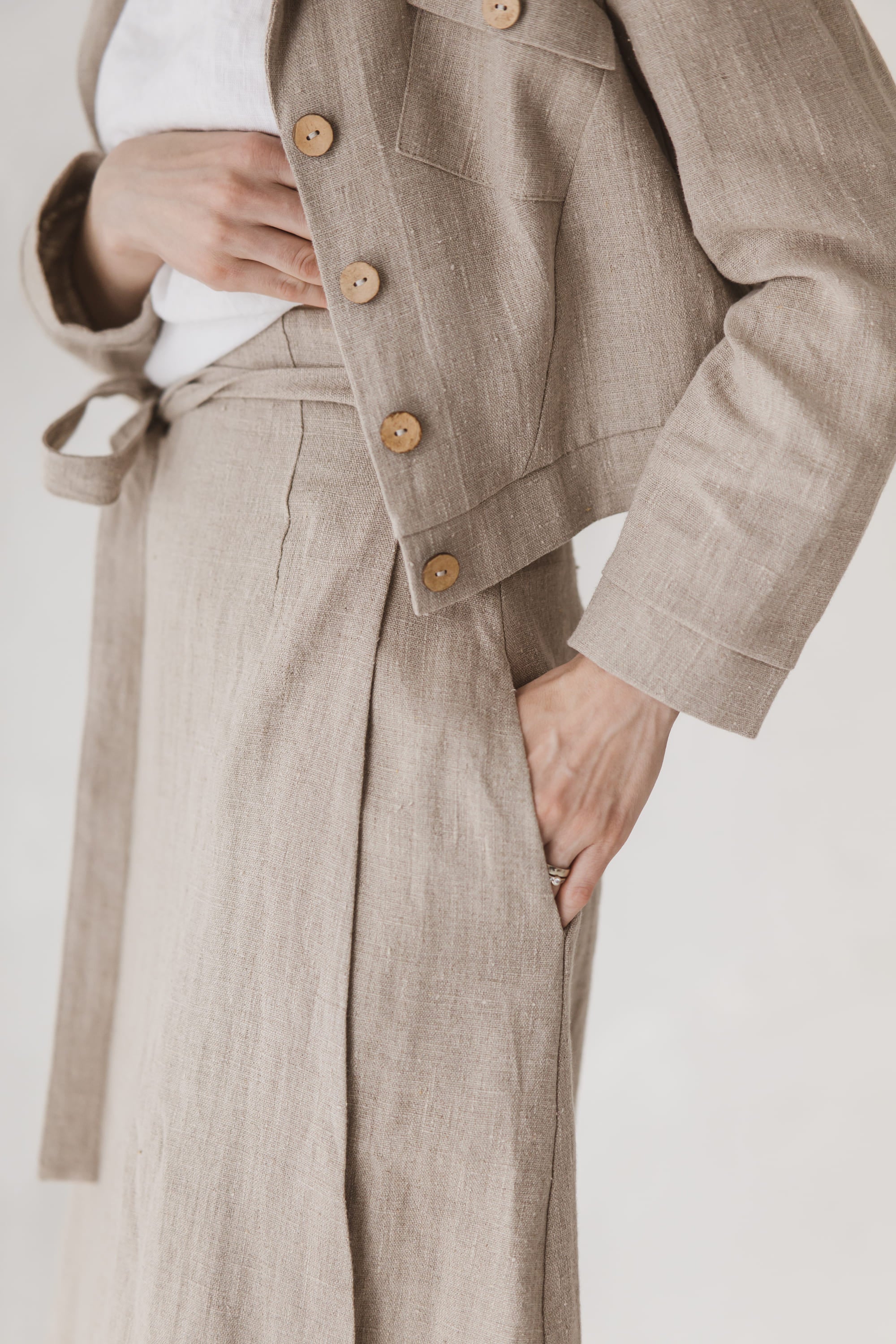 Structured Cropped Linen Blazer waist and coconut shell button detail
