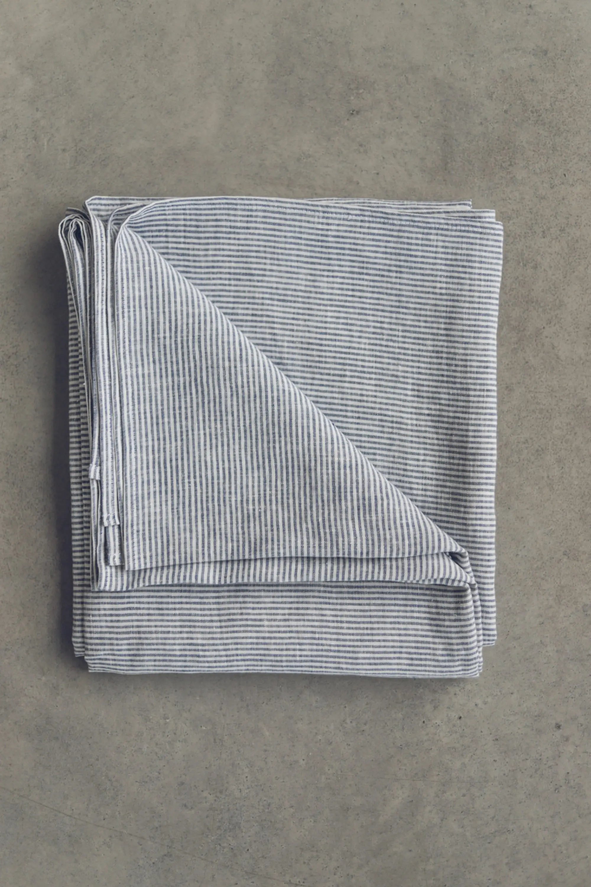 Natural Stonewashed White Blue Stripes Linen Tablecloth