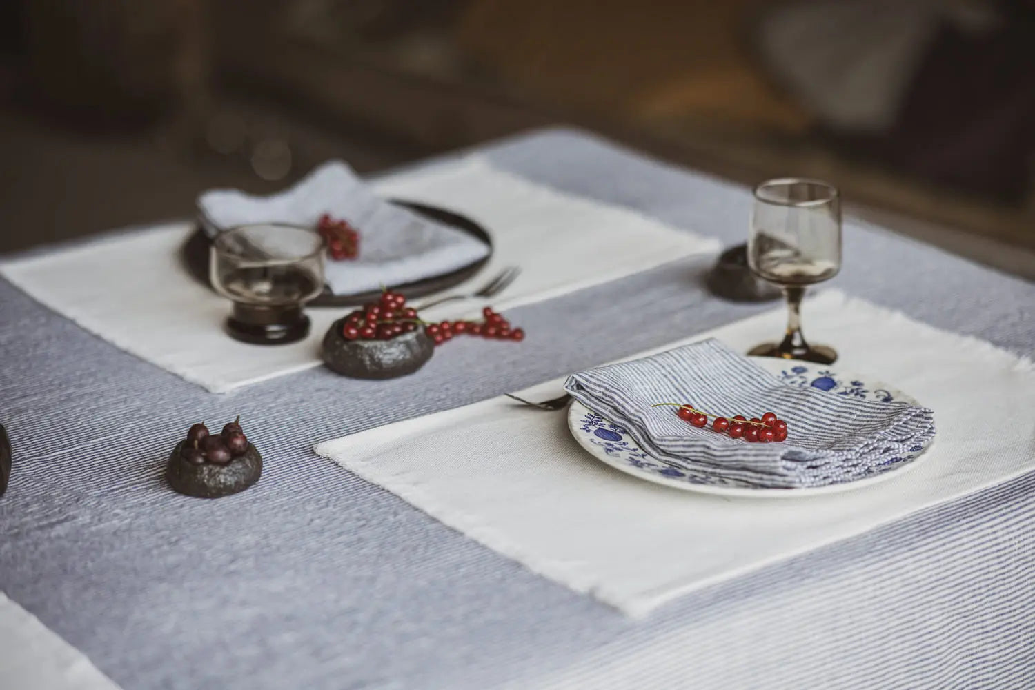 Natural Stonewashed White Blue Stripes Linen Tablecloth