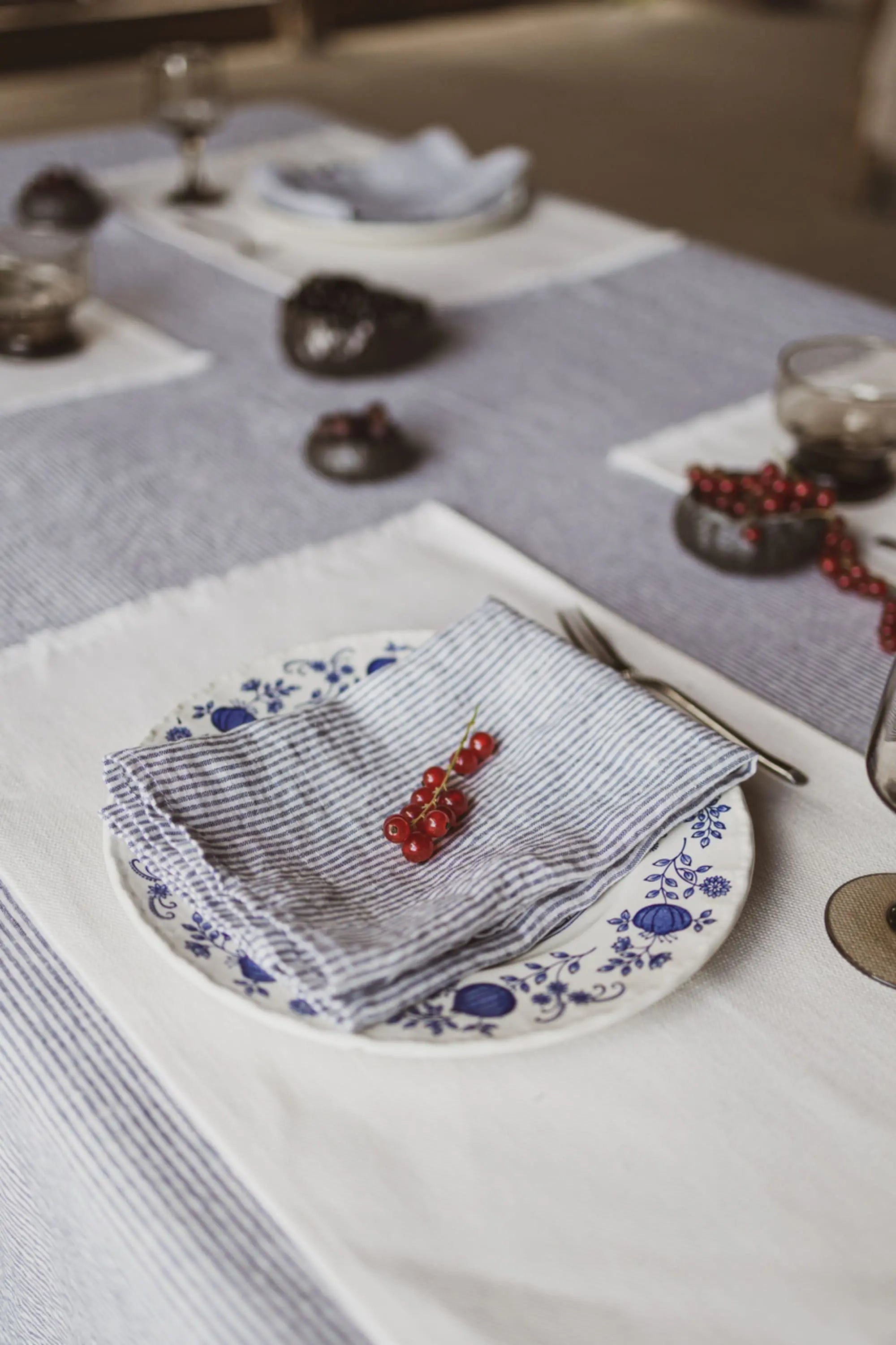Natural Stonewashed White Blue Stripes Linen Tablecloth
