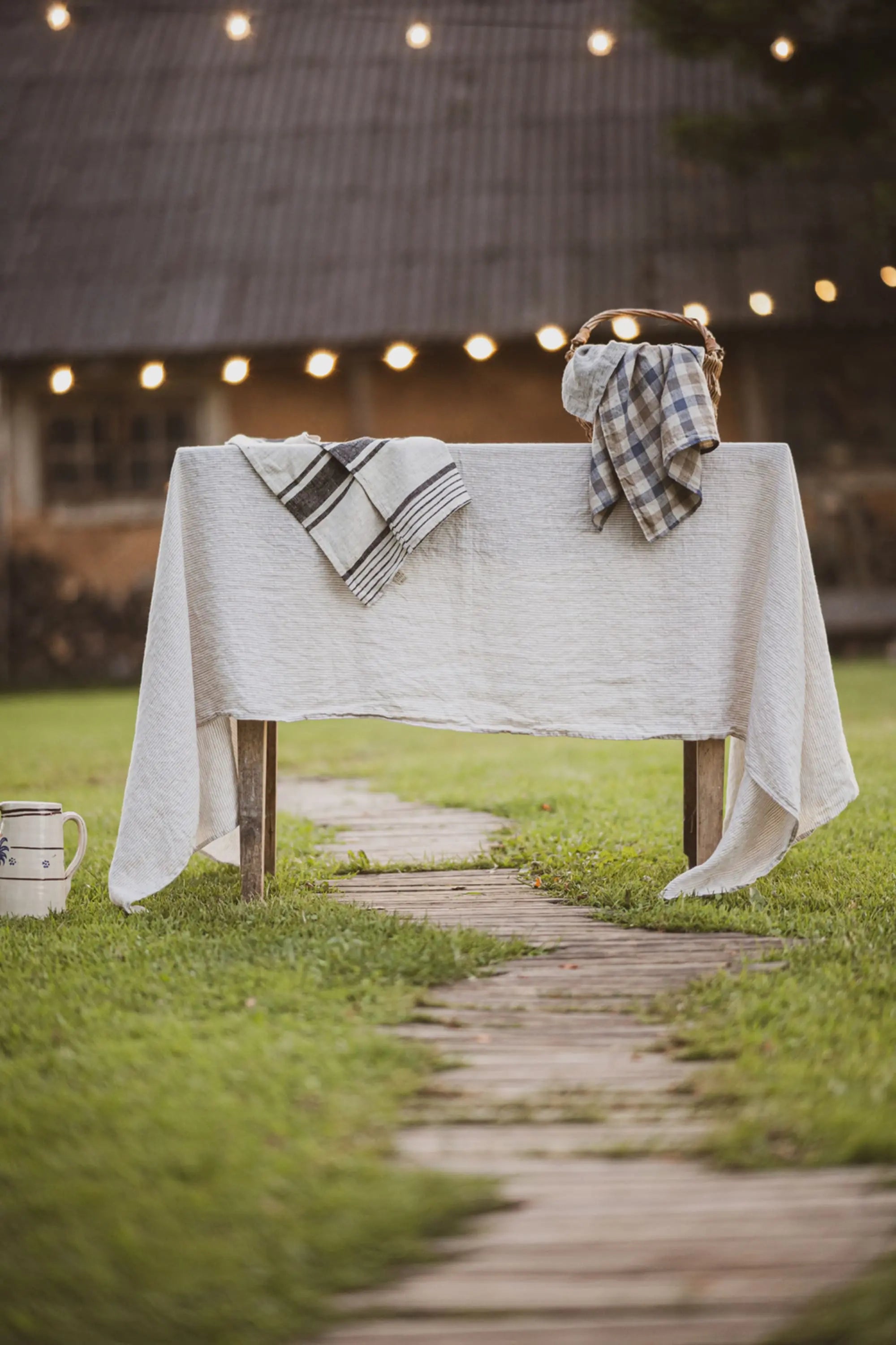 Natural Stonewashed White Natural Stripes Linen Tablecloth