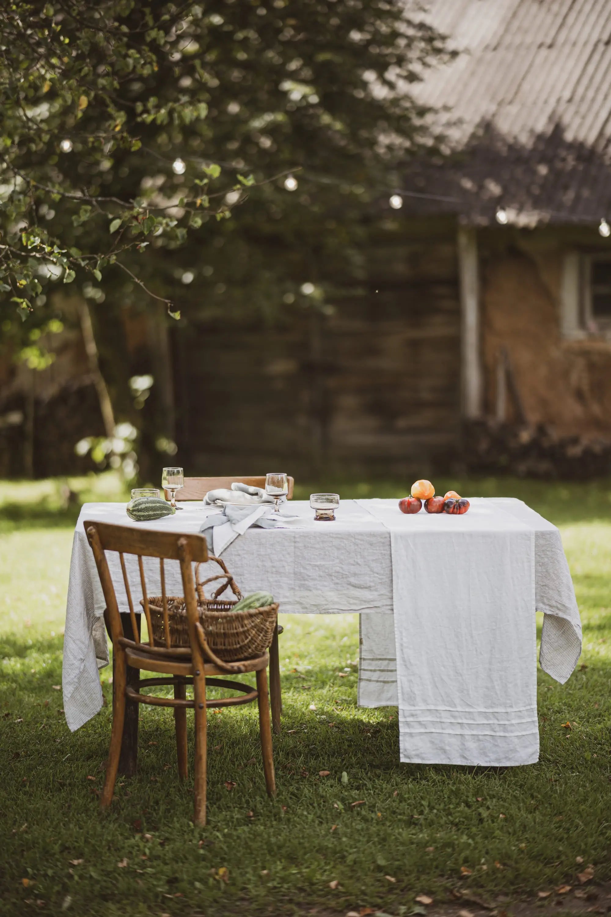 Natural Stonewashed White Natural Stripes Linen Tablecloth